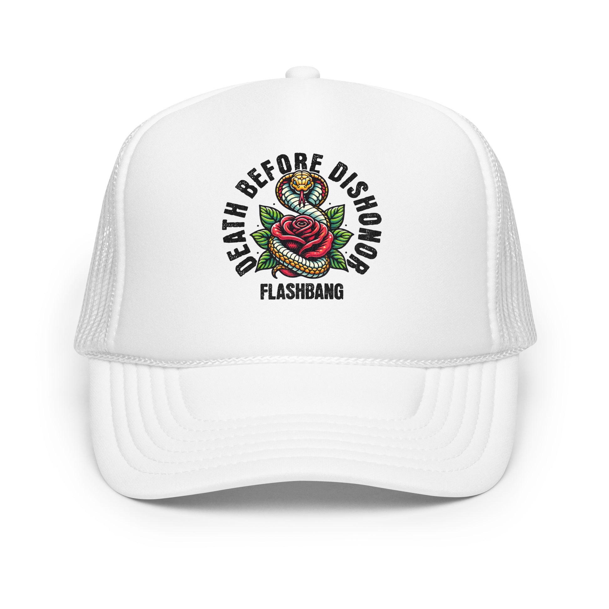 White trucker cap with 'Death Before Dishonor Flashbang' design on a white background
