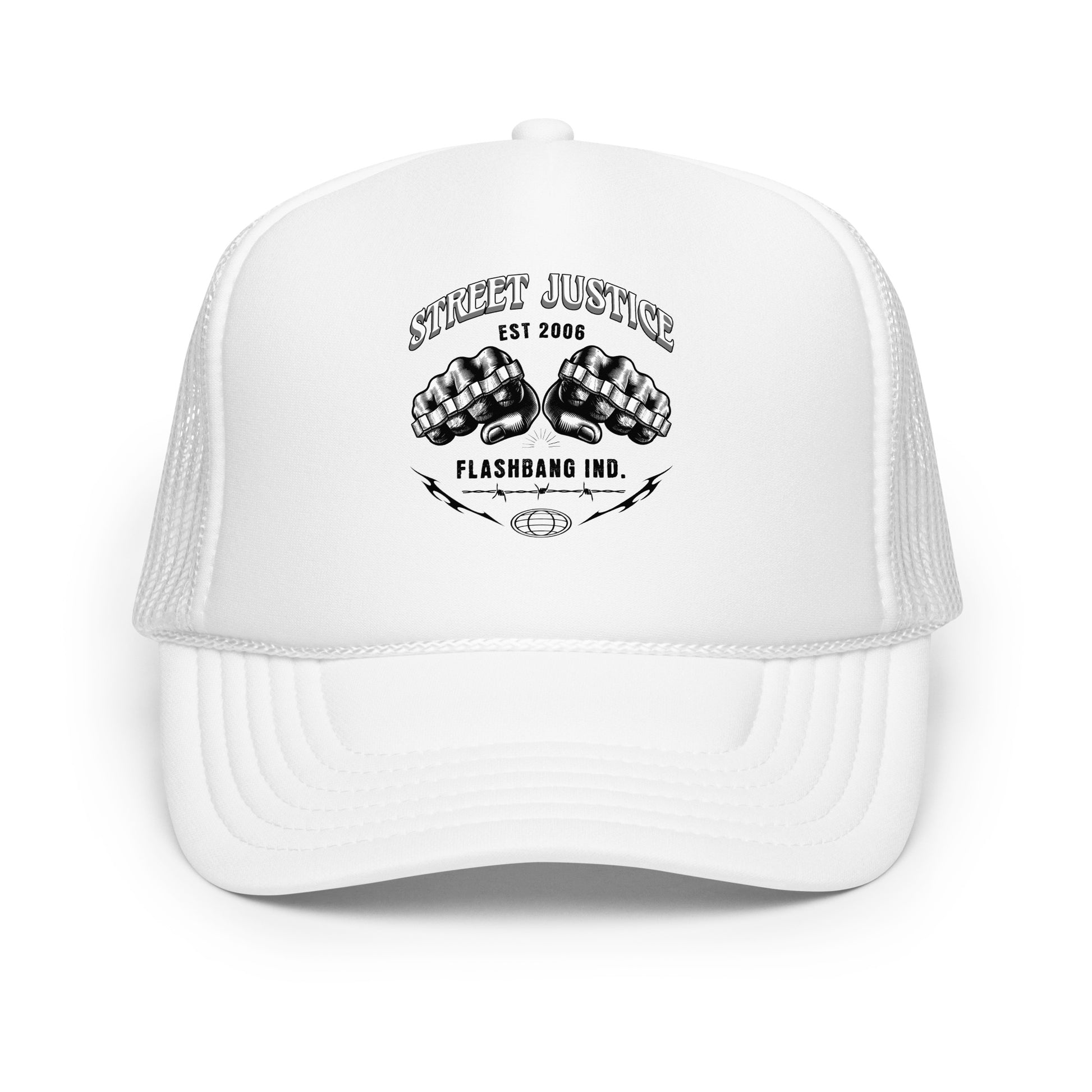 White trucker cap with black graphic and text on a white background