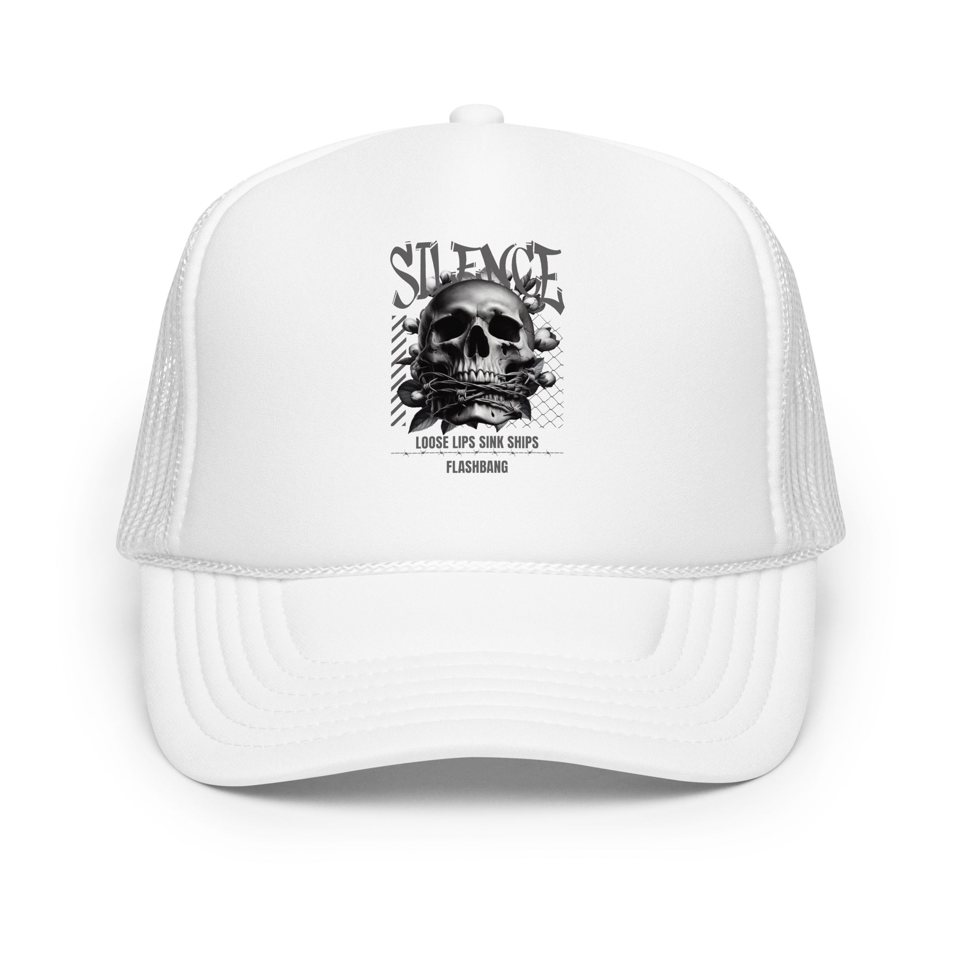 White trucker cap with skull design and text on a white background