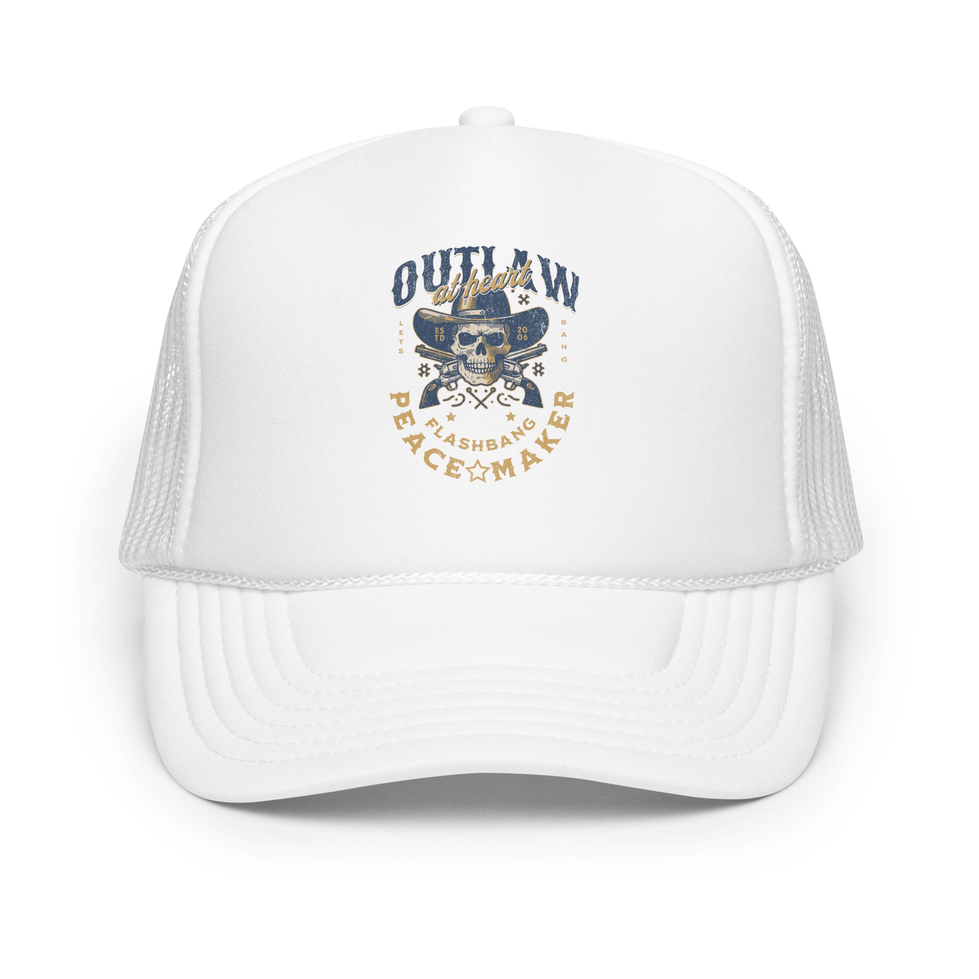 White trucker cap with graphic design and text on a white background