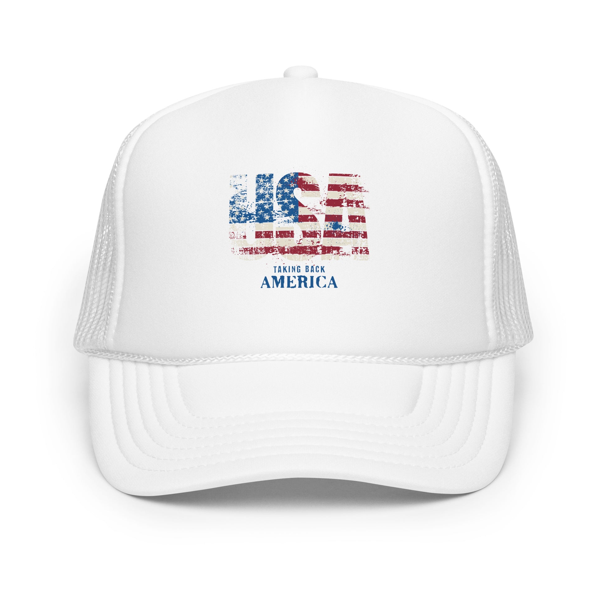 White trucker cap with American flag design and text on a white background