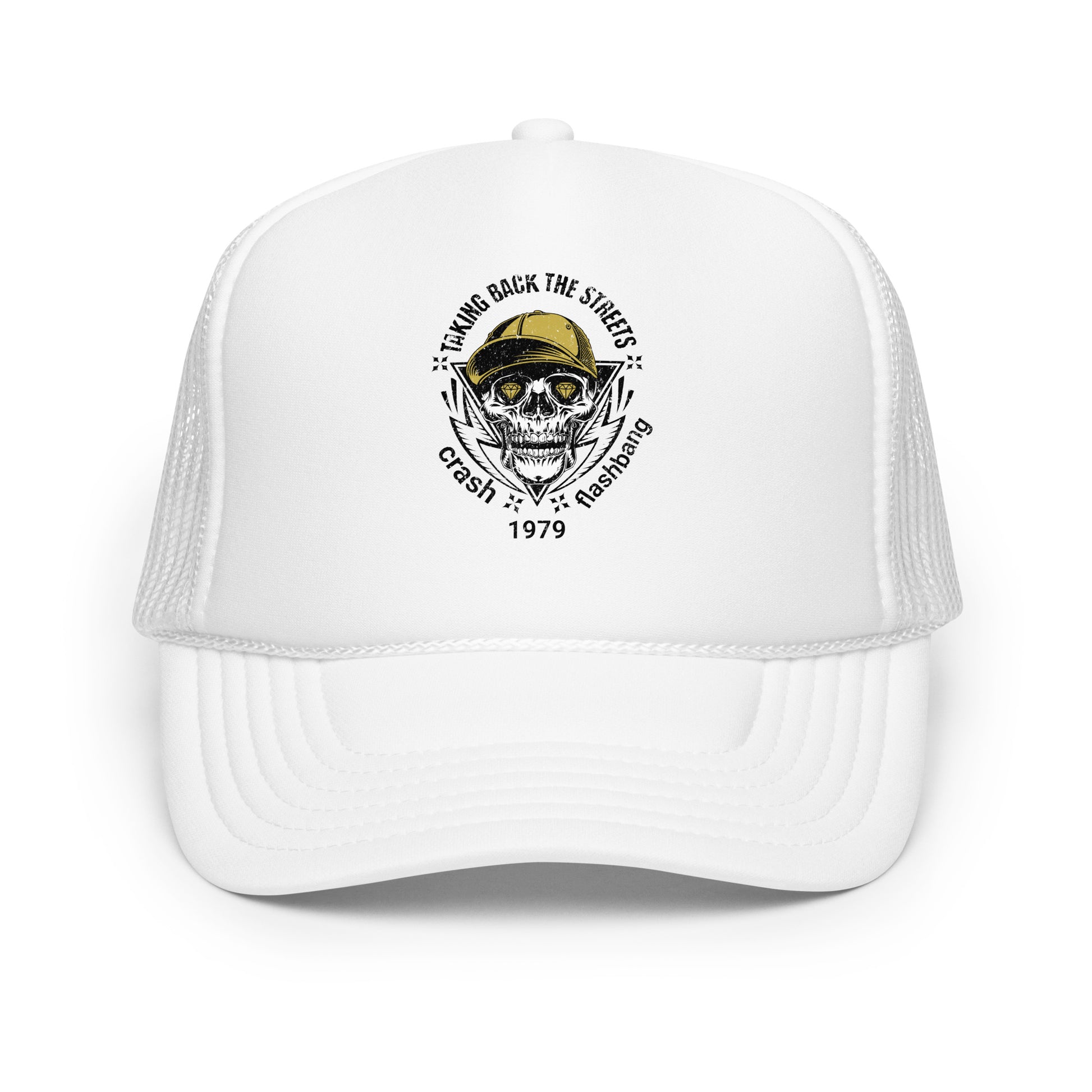 White trucker cap with skull and text design on a white background