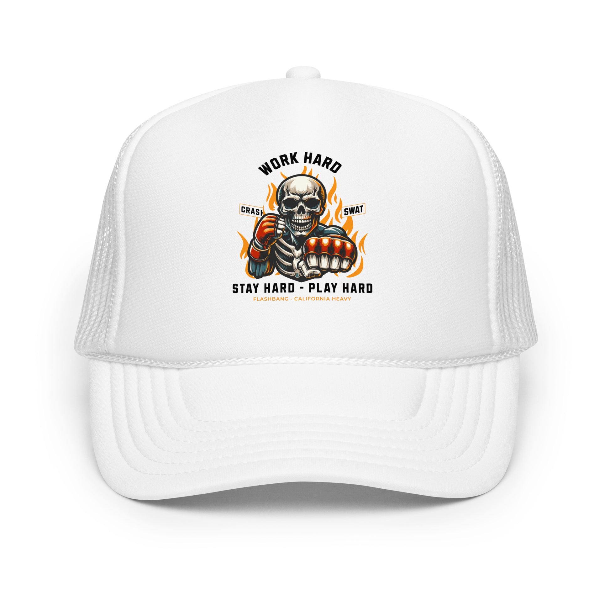 White trucker cap with a graphic design featuring a skeleton and text on a white background