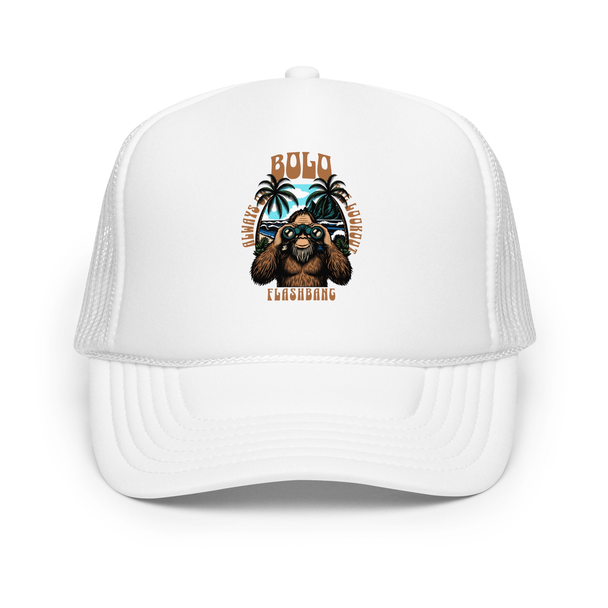 White trucker cap with a graphic design of a dog and text on a white background