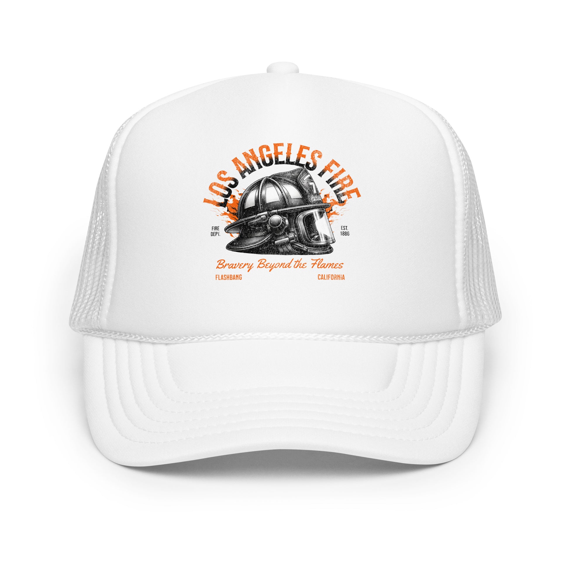White trucker cap with 'Los Angeles Fire' design on a white background