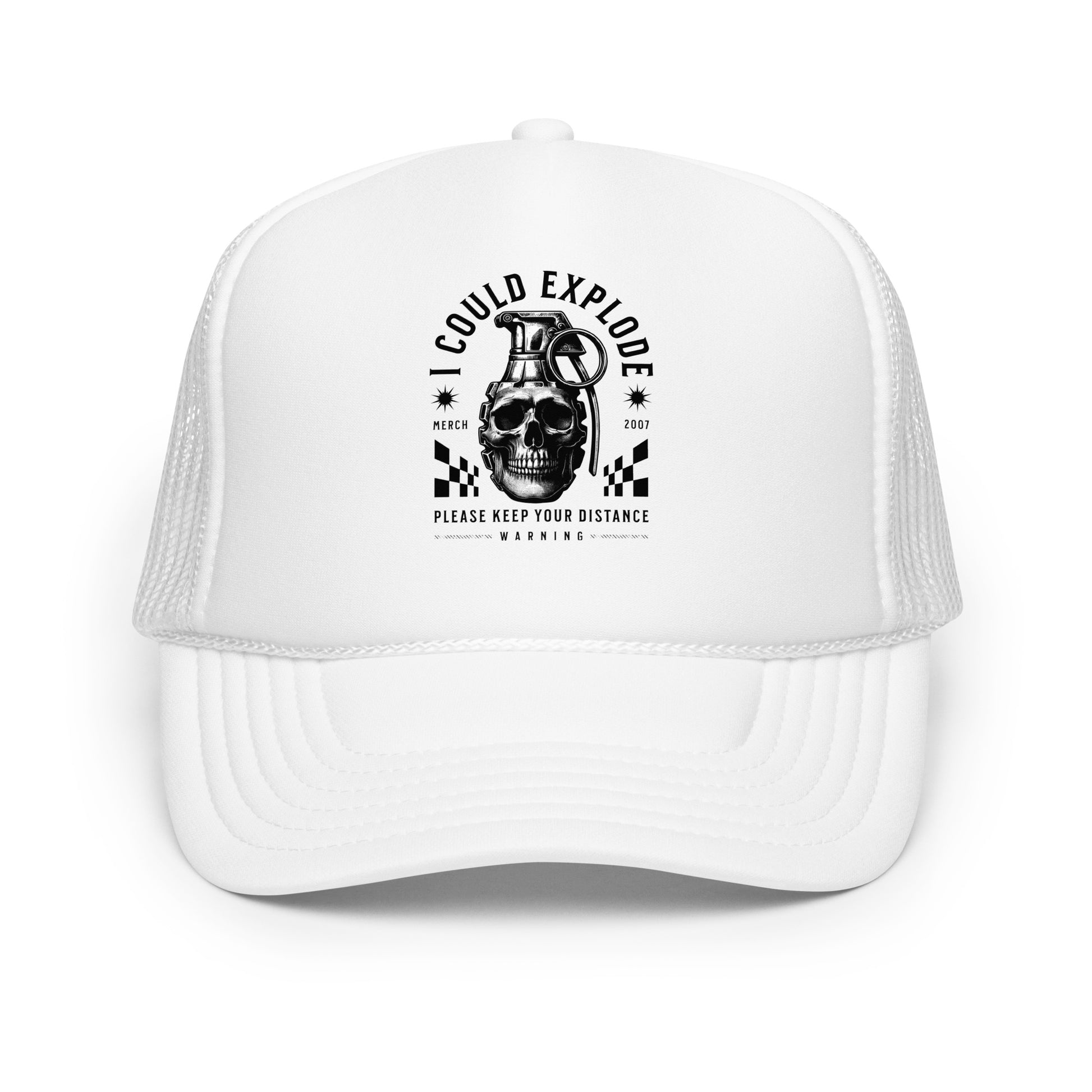 White cap with black graphic design on a white background