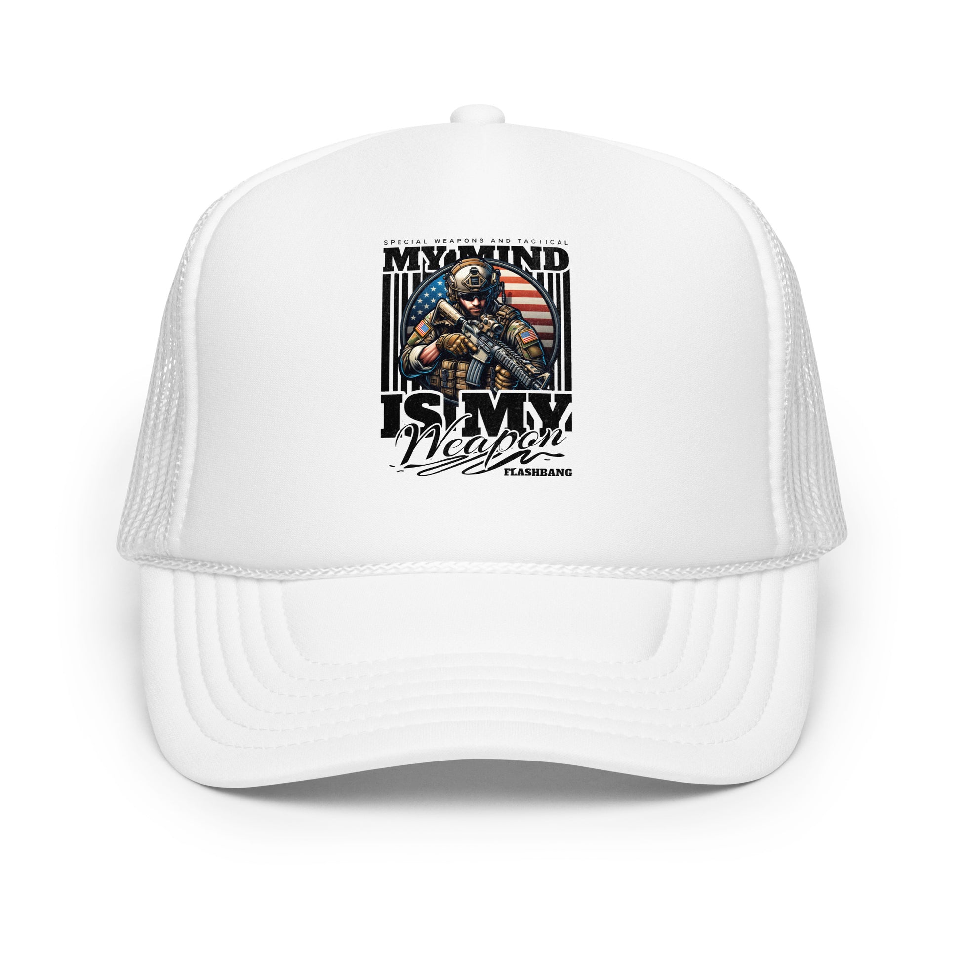 White trucker cap with graphic design on a white background