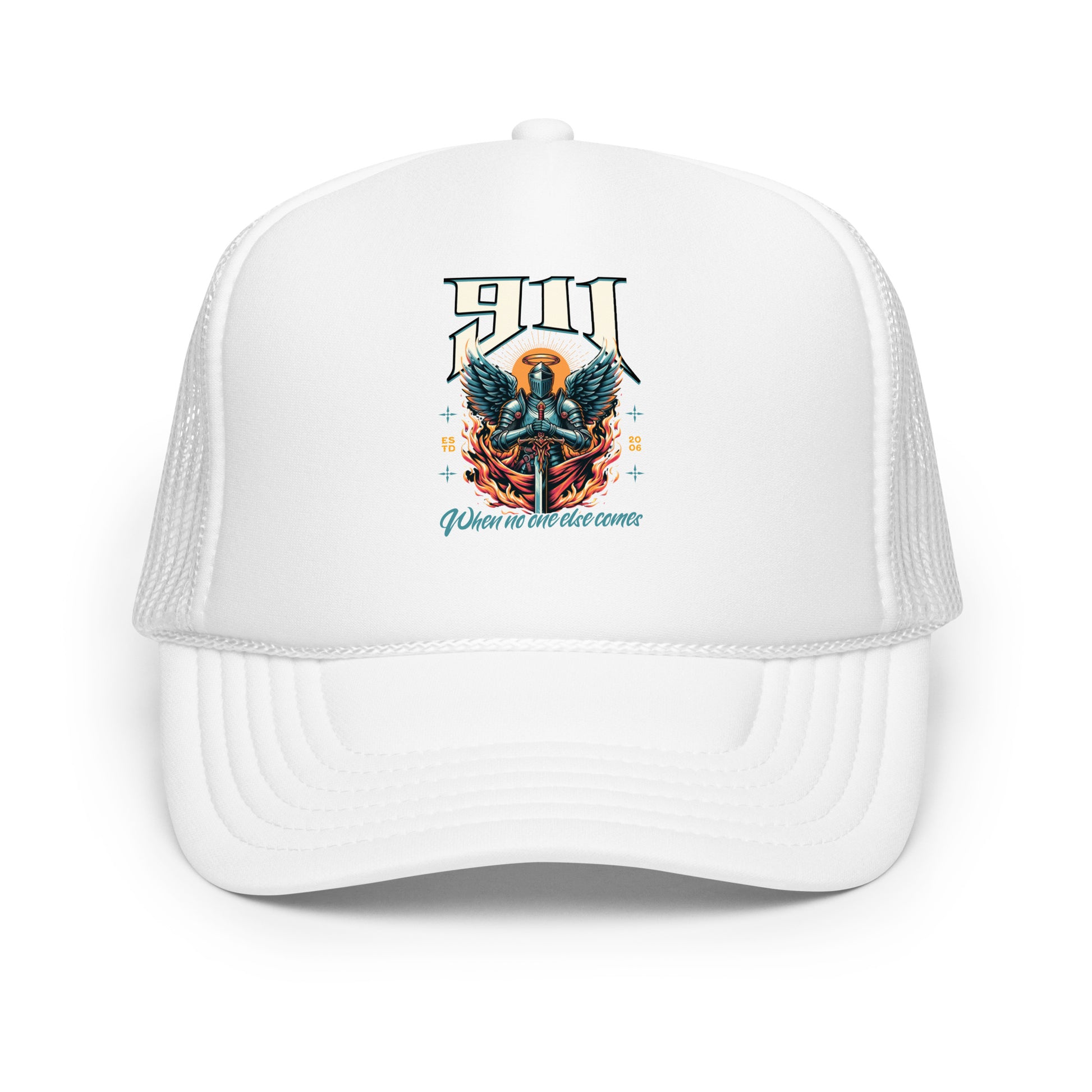 White trucker cap with graphic design on a white background