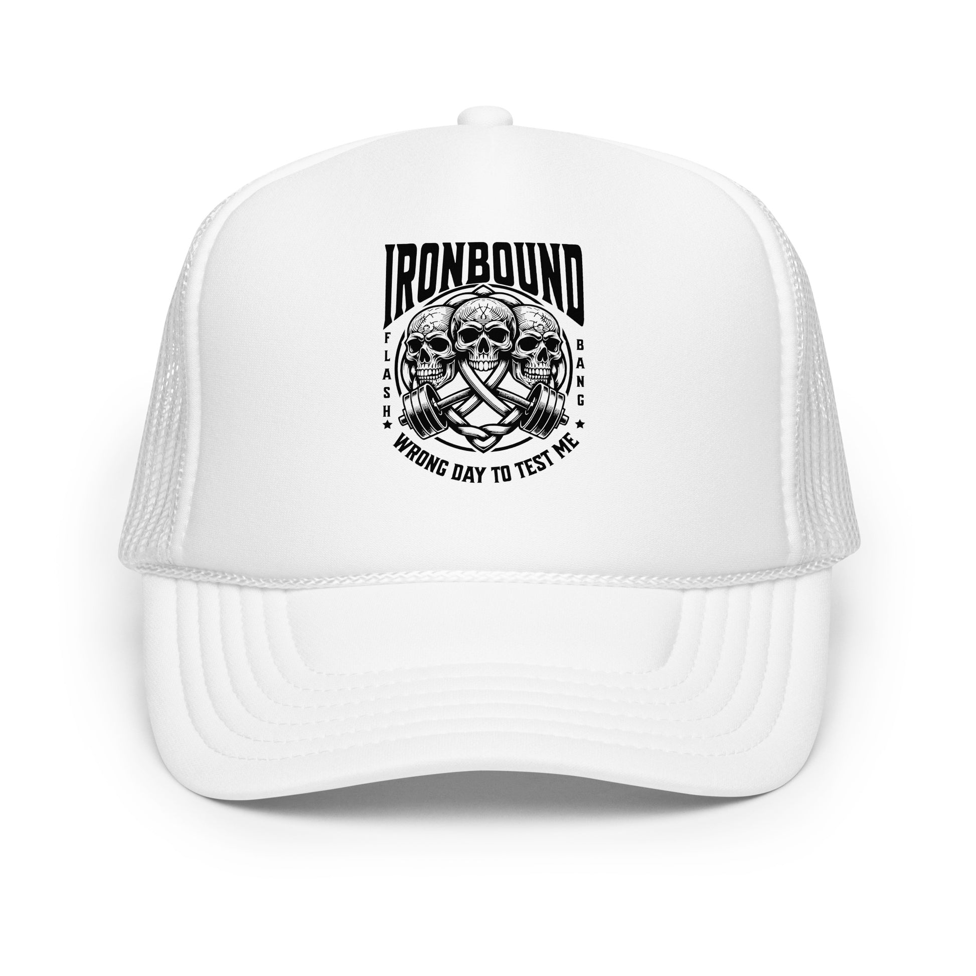 White trucker cap with black logo and text on a white background