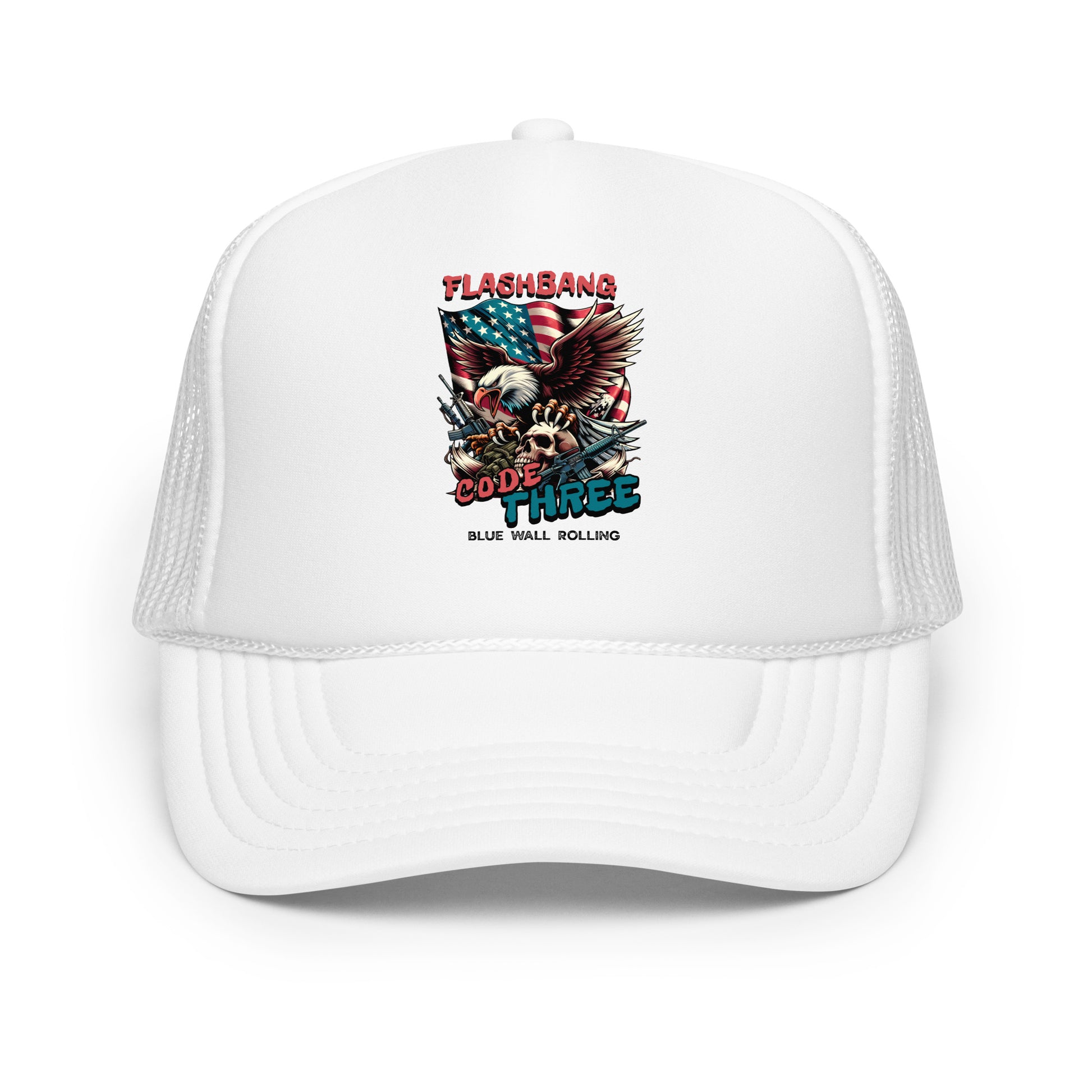 White trucker cap with graphic design featuring an eagle and text on a white background
