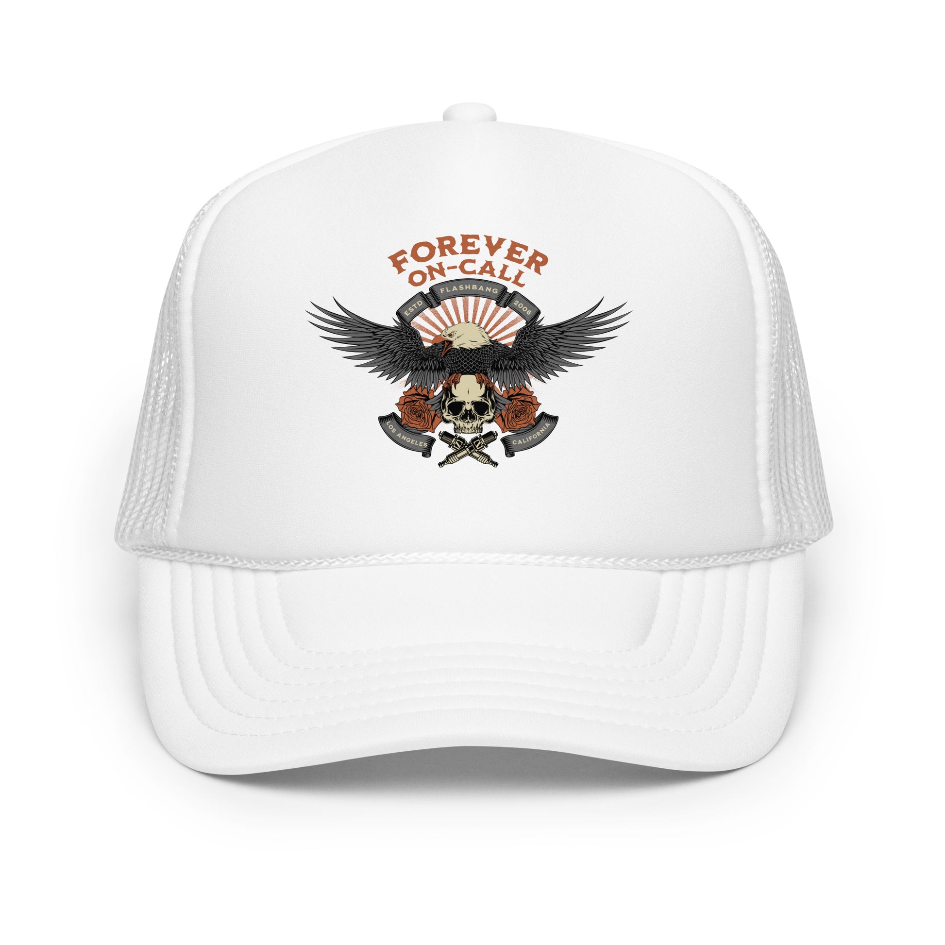 White trucker cap with an eagle and skull design and 'Forever On-Call' text on a white background