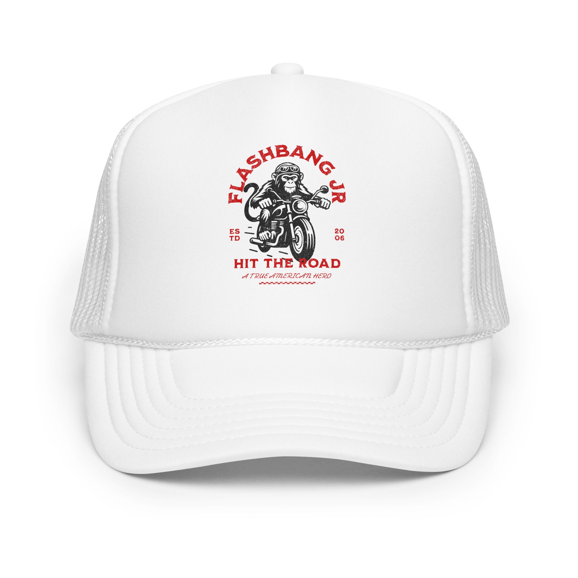 White cap with red and black graphic design on a white background