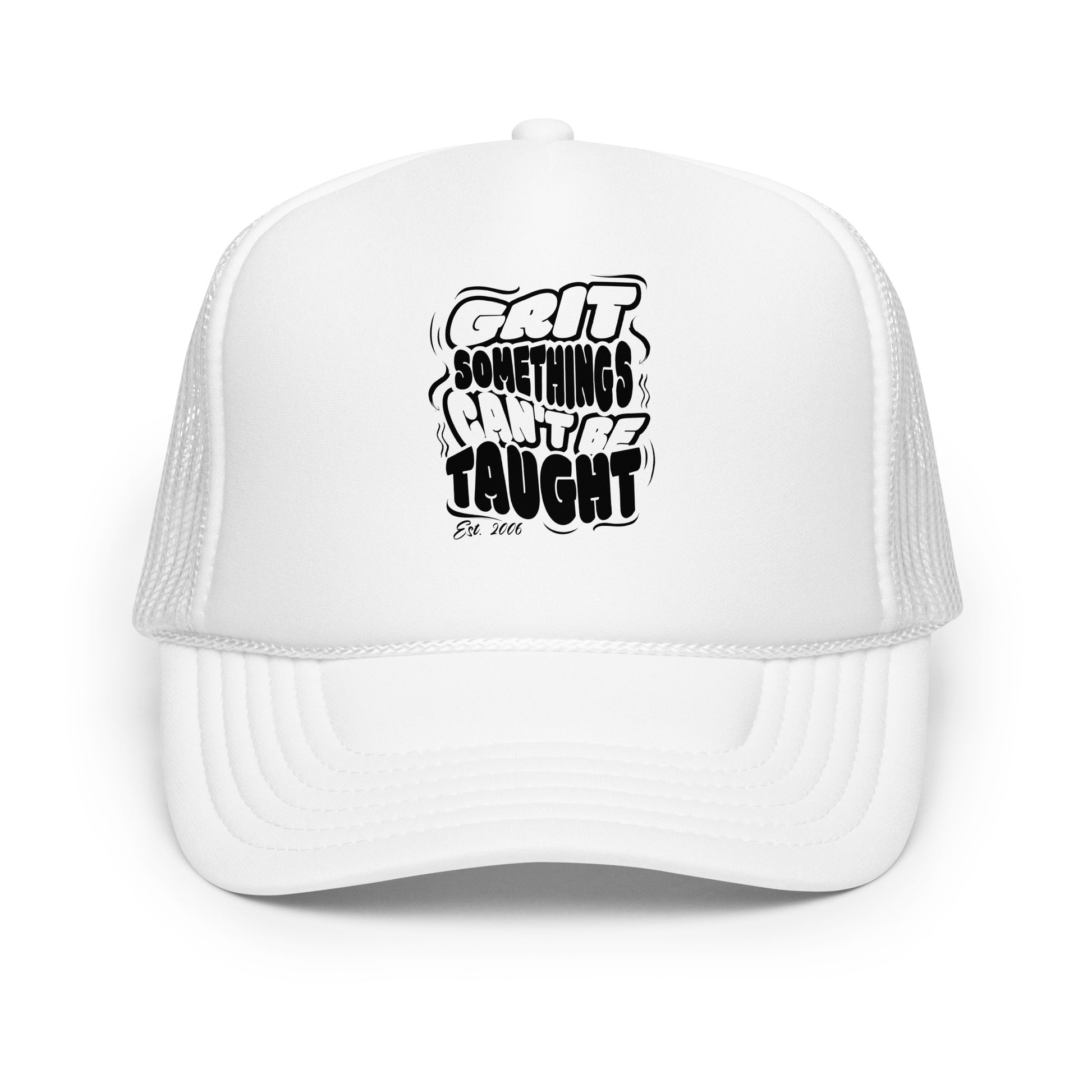 White trucker cap with black text on a white background