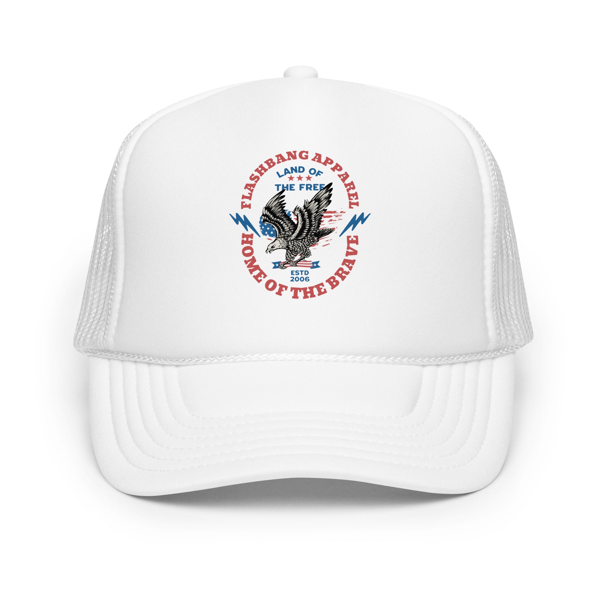 White trucker cap with a logo featuring an eagle and text on a white background