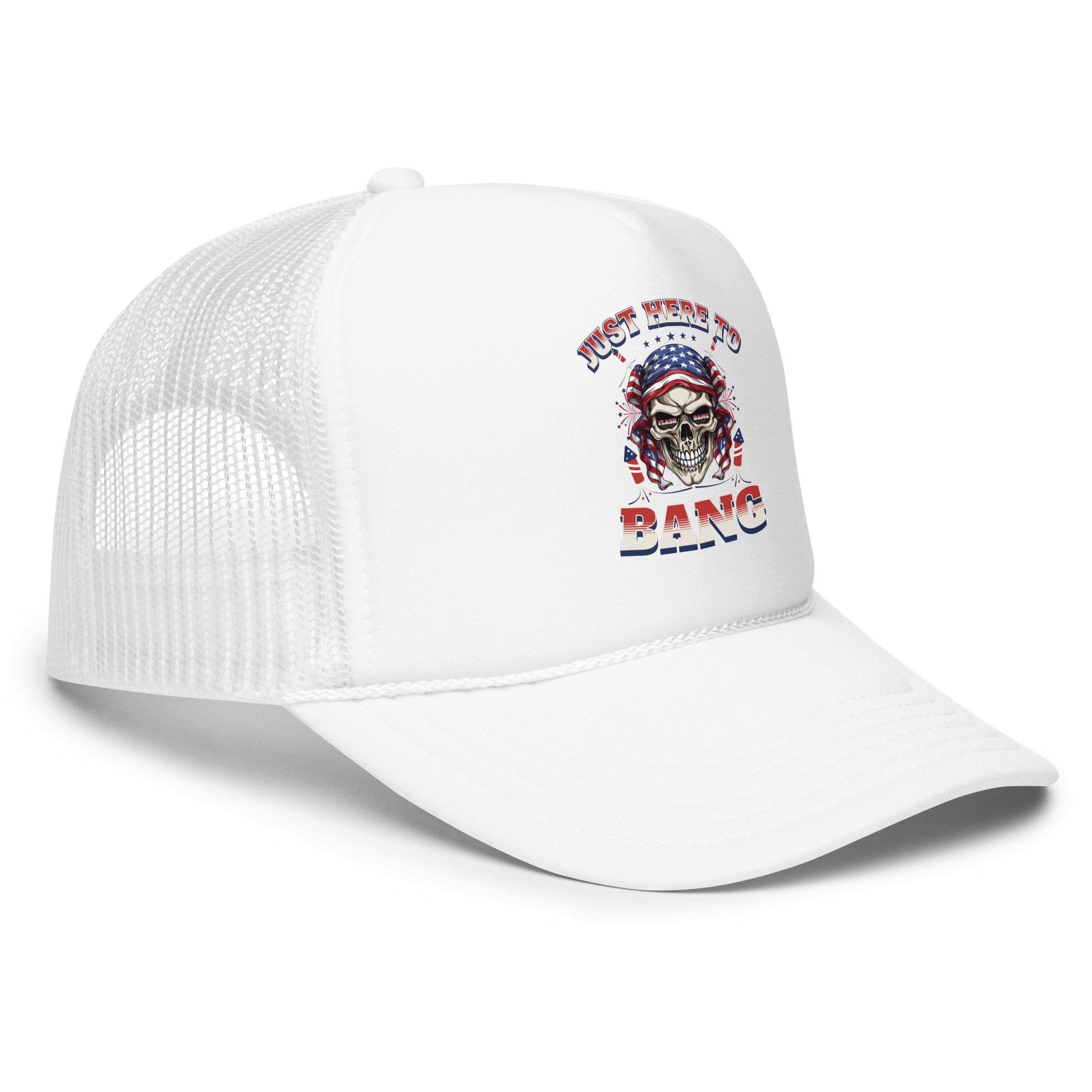 White cap with a graphic design on a white background