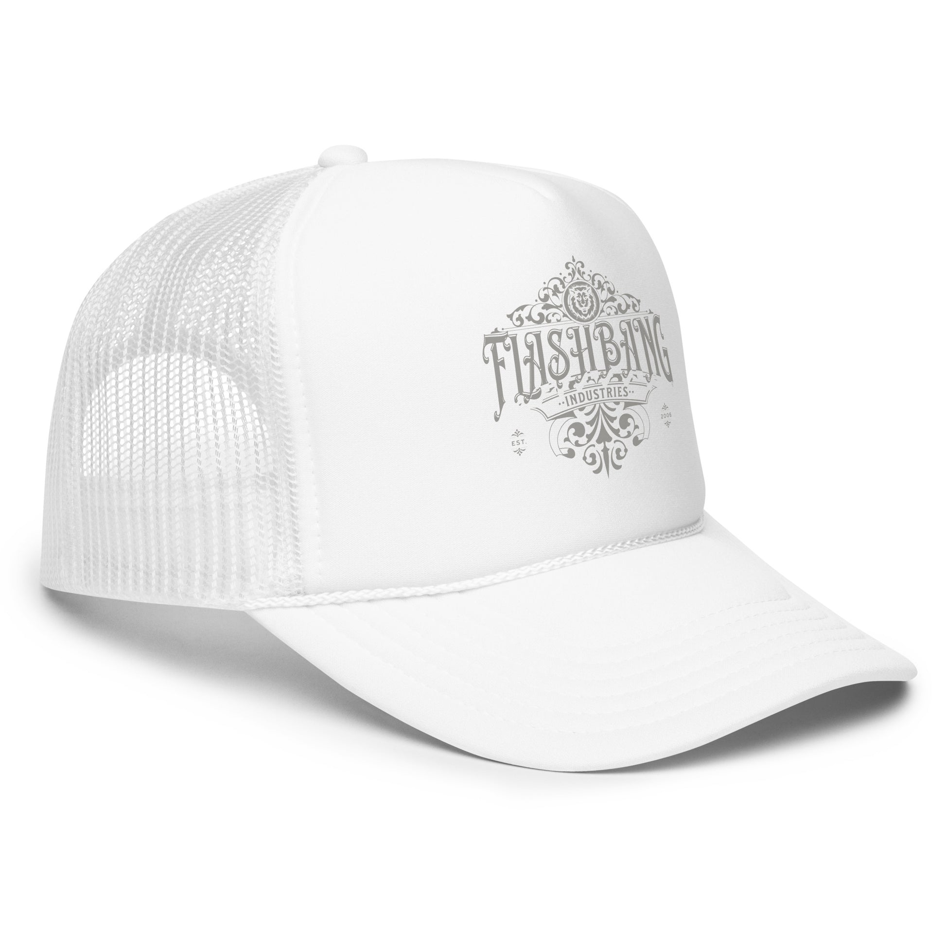 White trucker cap with a brand logo on a white background