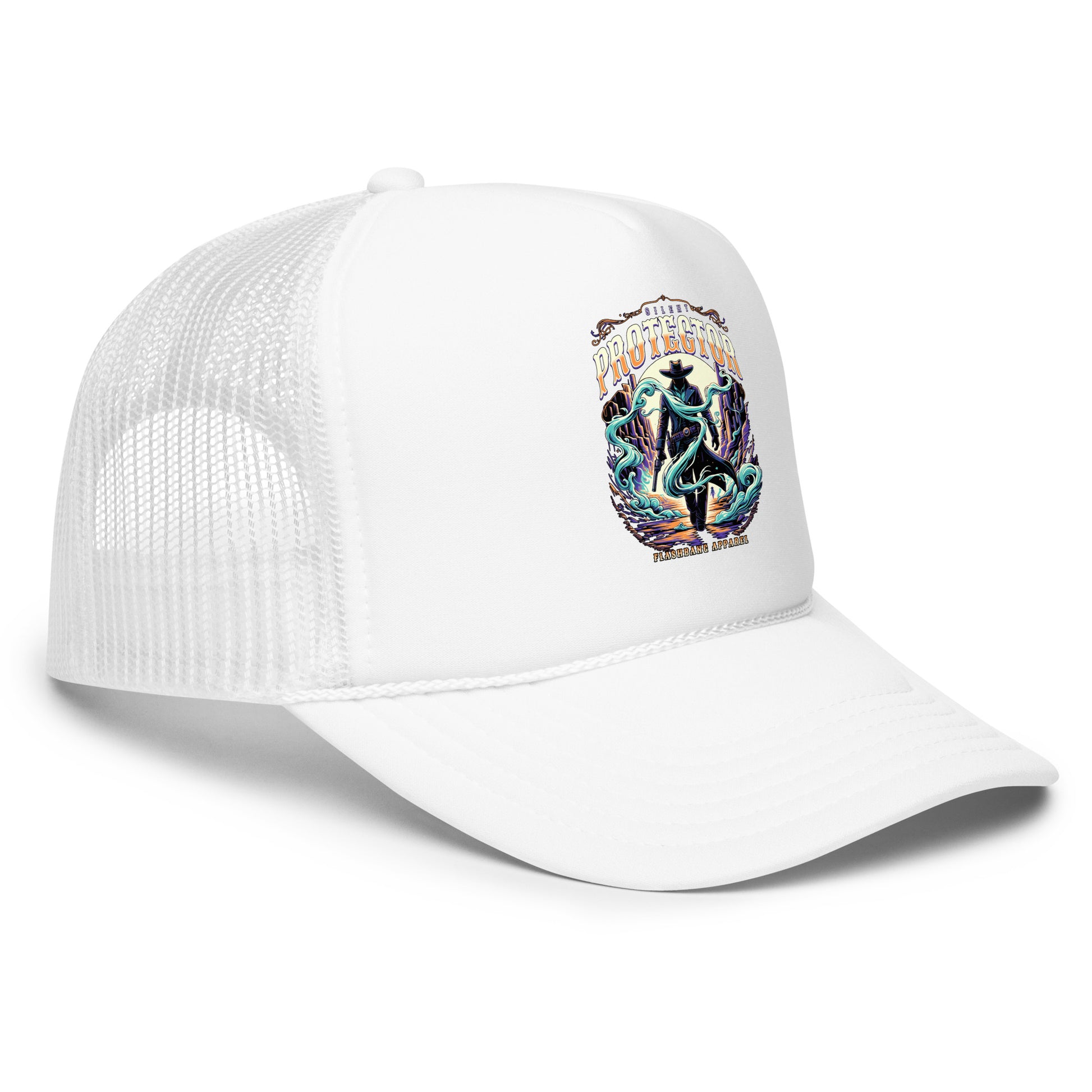 White trucker cap with colorful graphic design on a white background