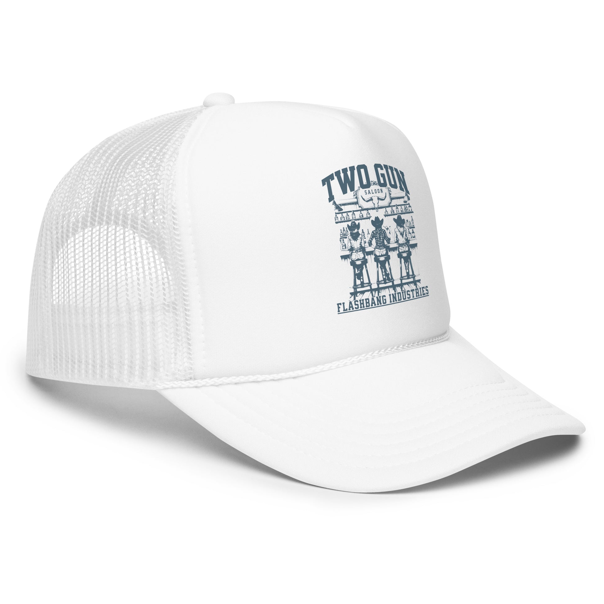 White trucker cap with graphic design on a white background