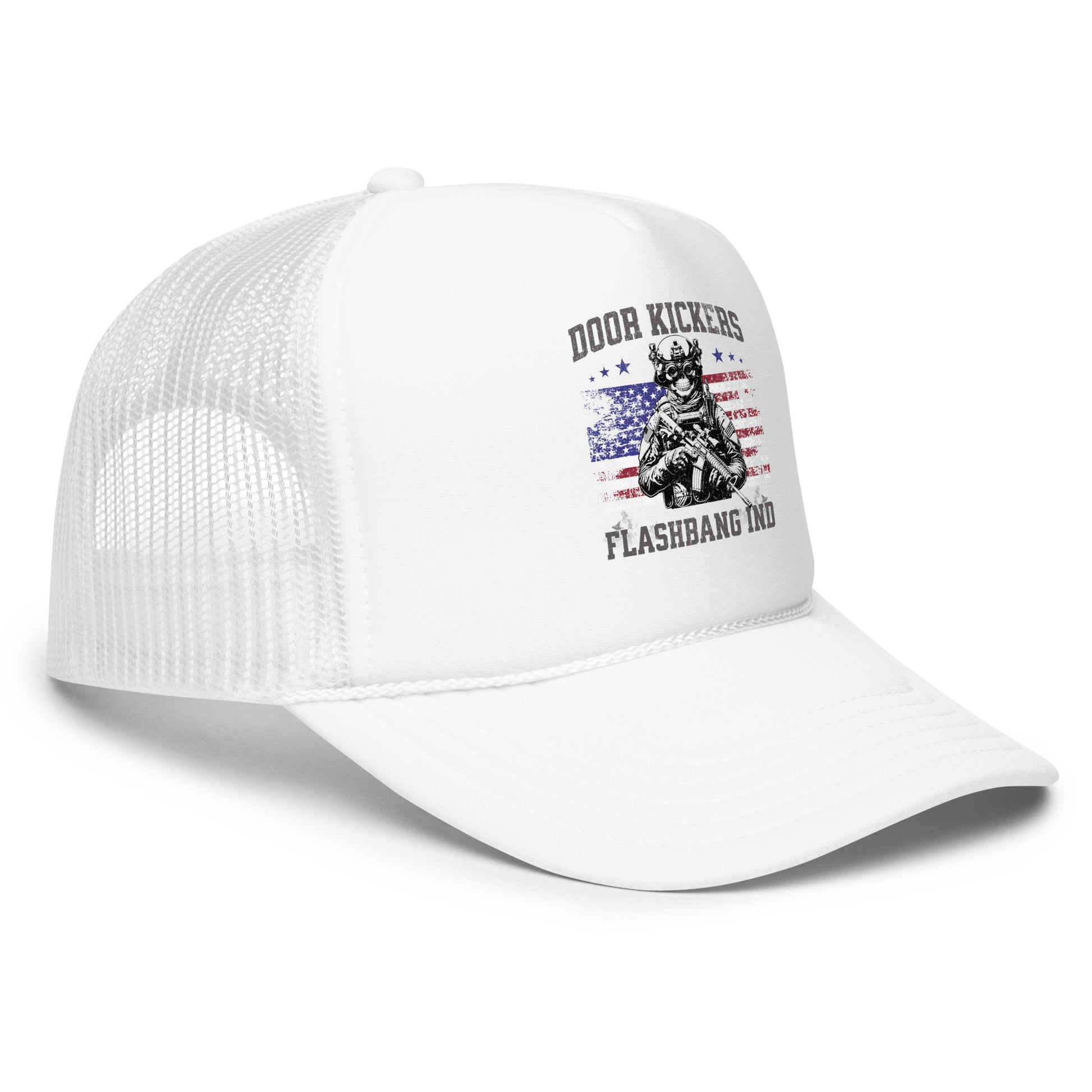 White trucker cap with graphic design on a white background