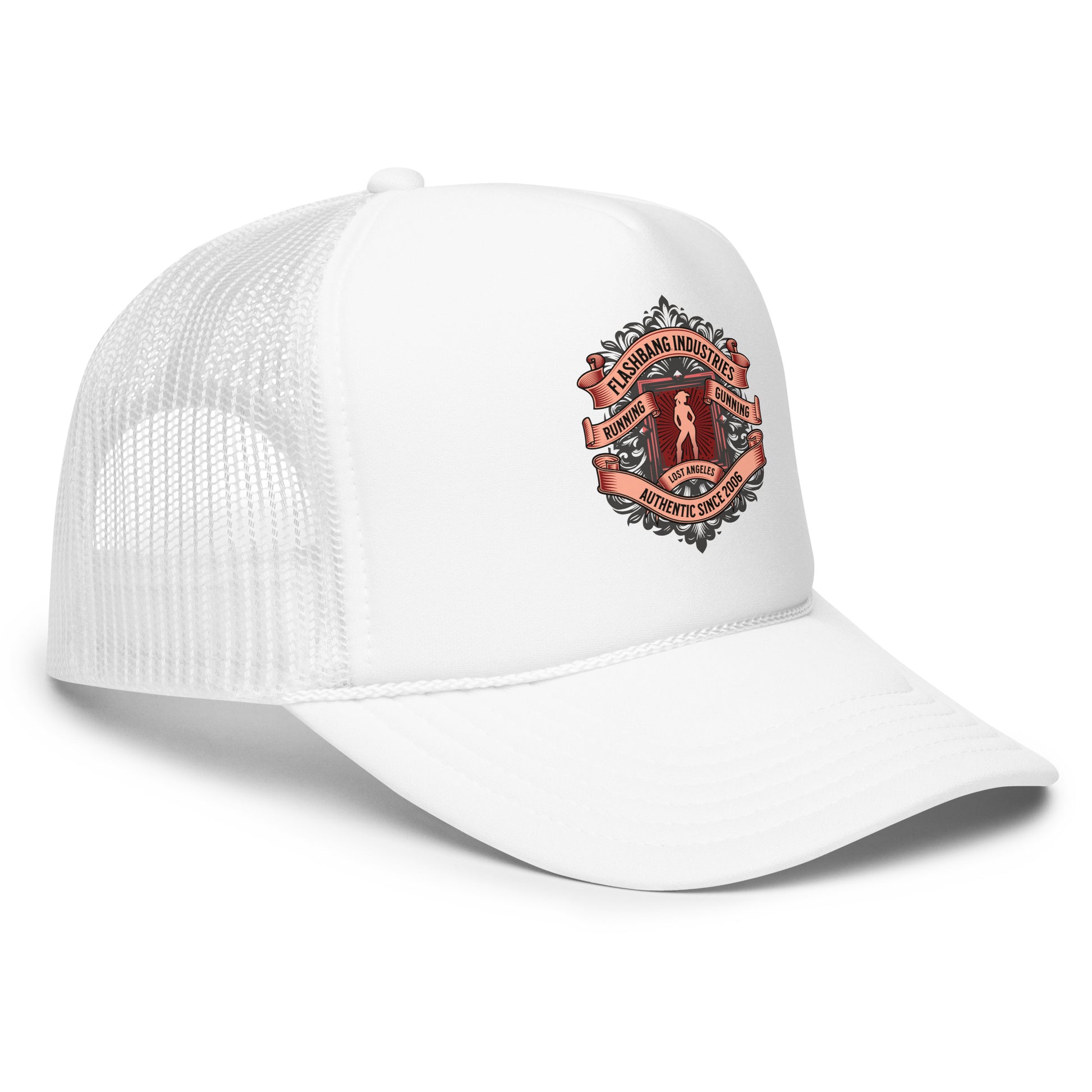 White cap with a logo on a white background