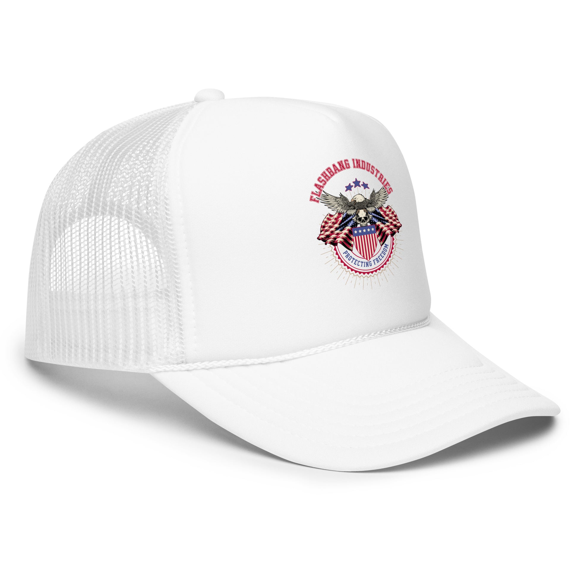 White cap with embroidered design on a white background