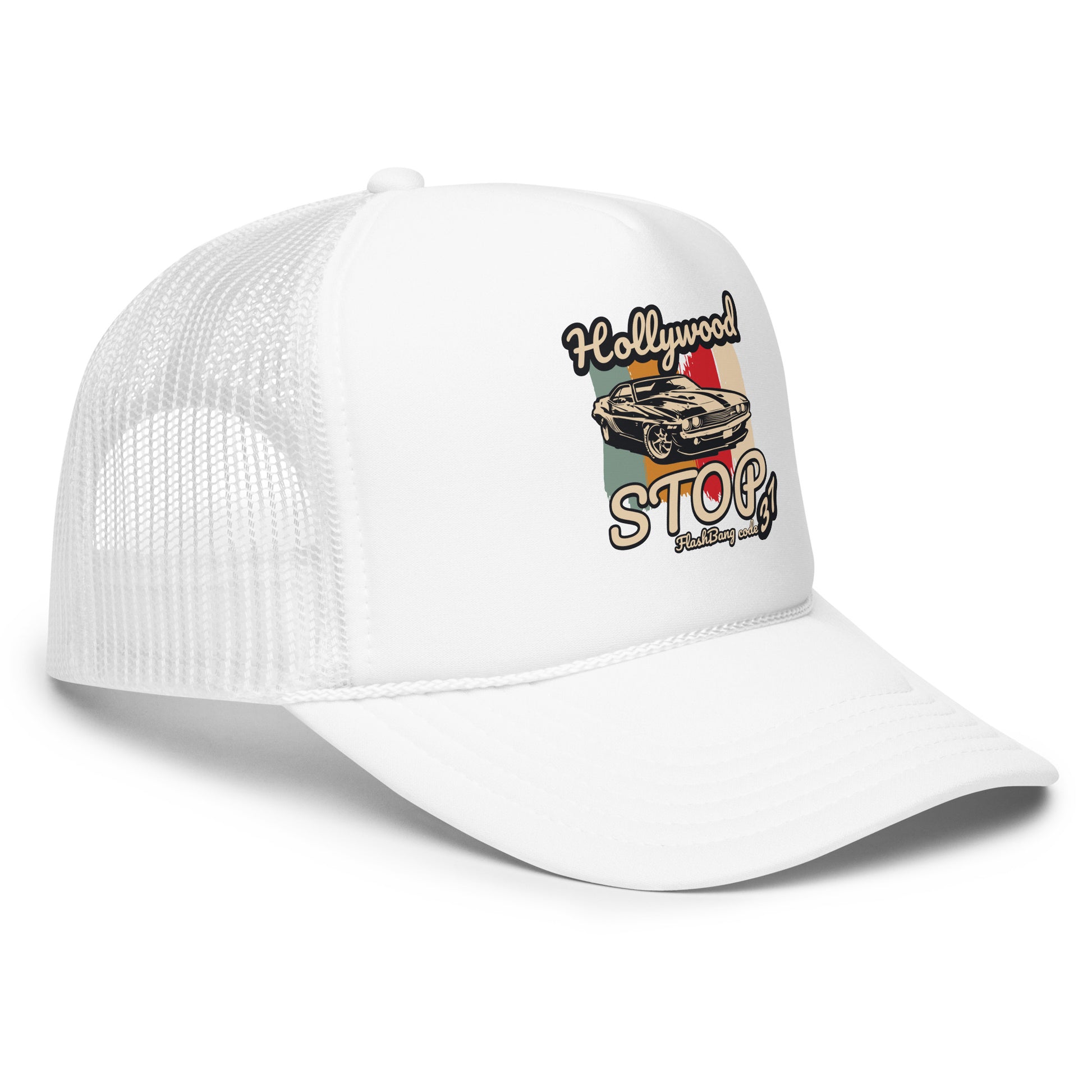 White trucker cap with 'Hollywood Stor' graphic on a white background