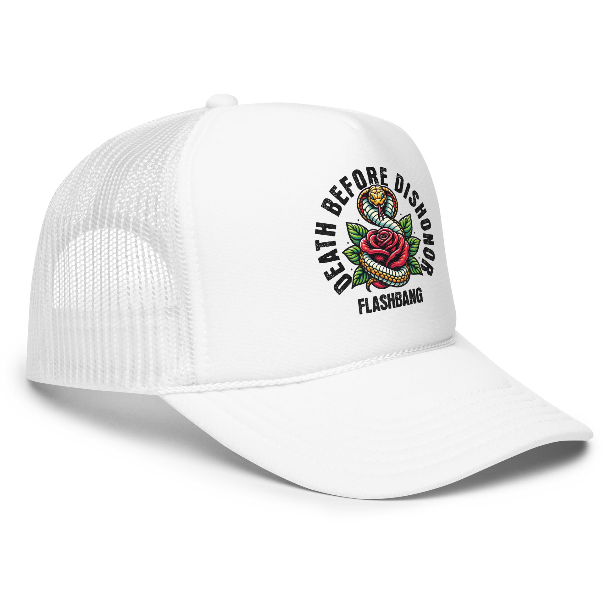 White cap with 'Death Before Dishonor Flashbang' logo on a white background