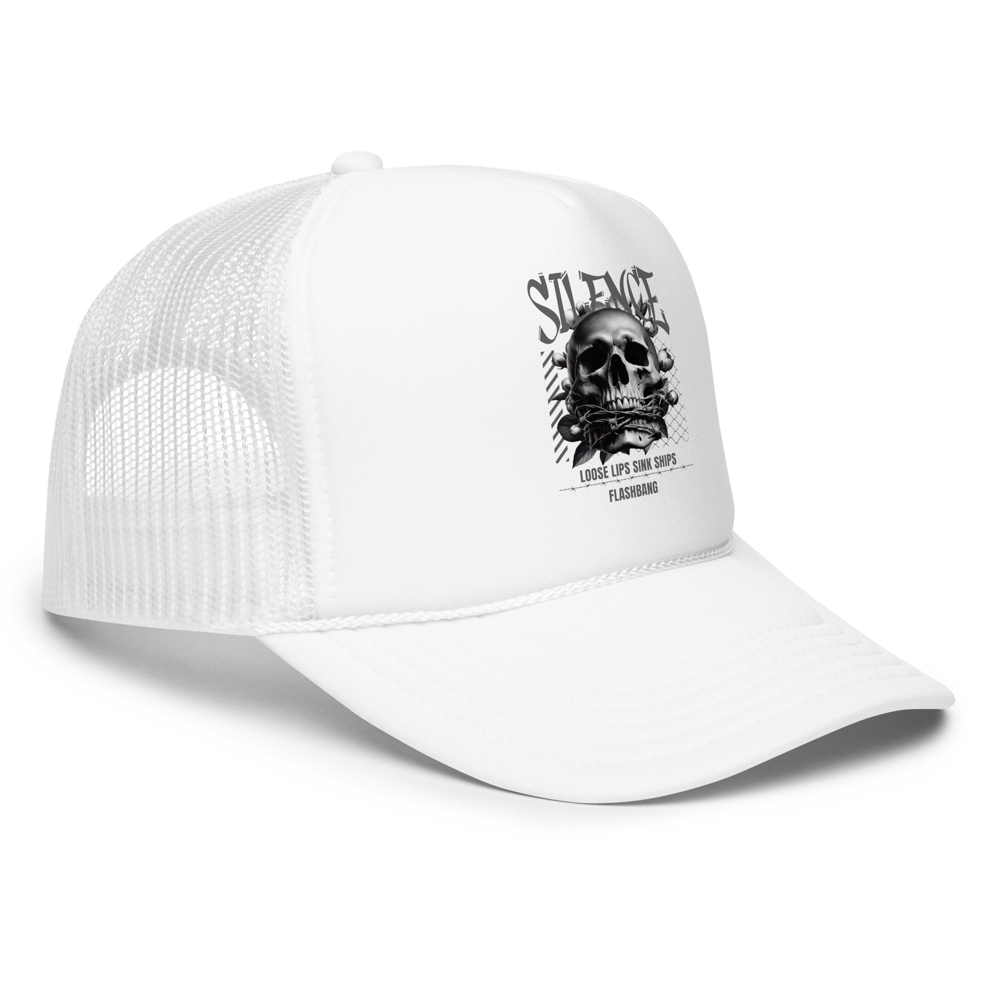 White trucker cap with skull design and text on a white background