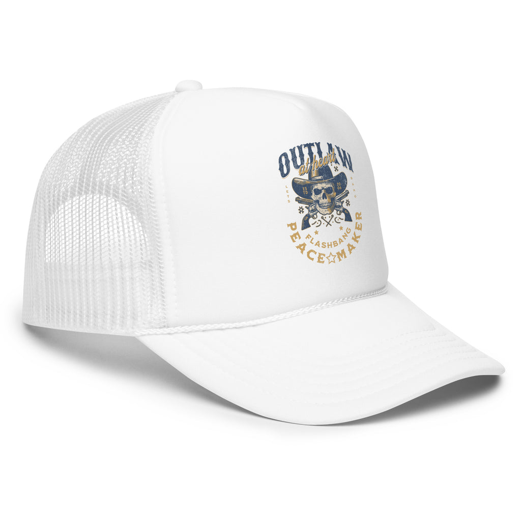 White trucker cap with graphic design on a white background