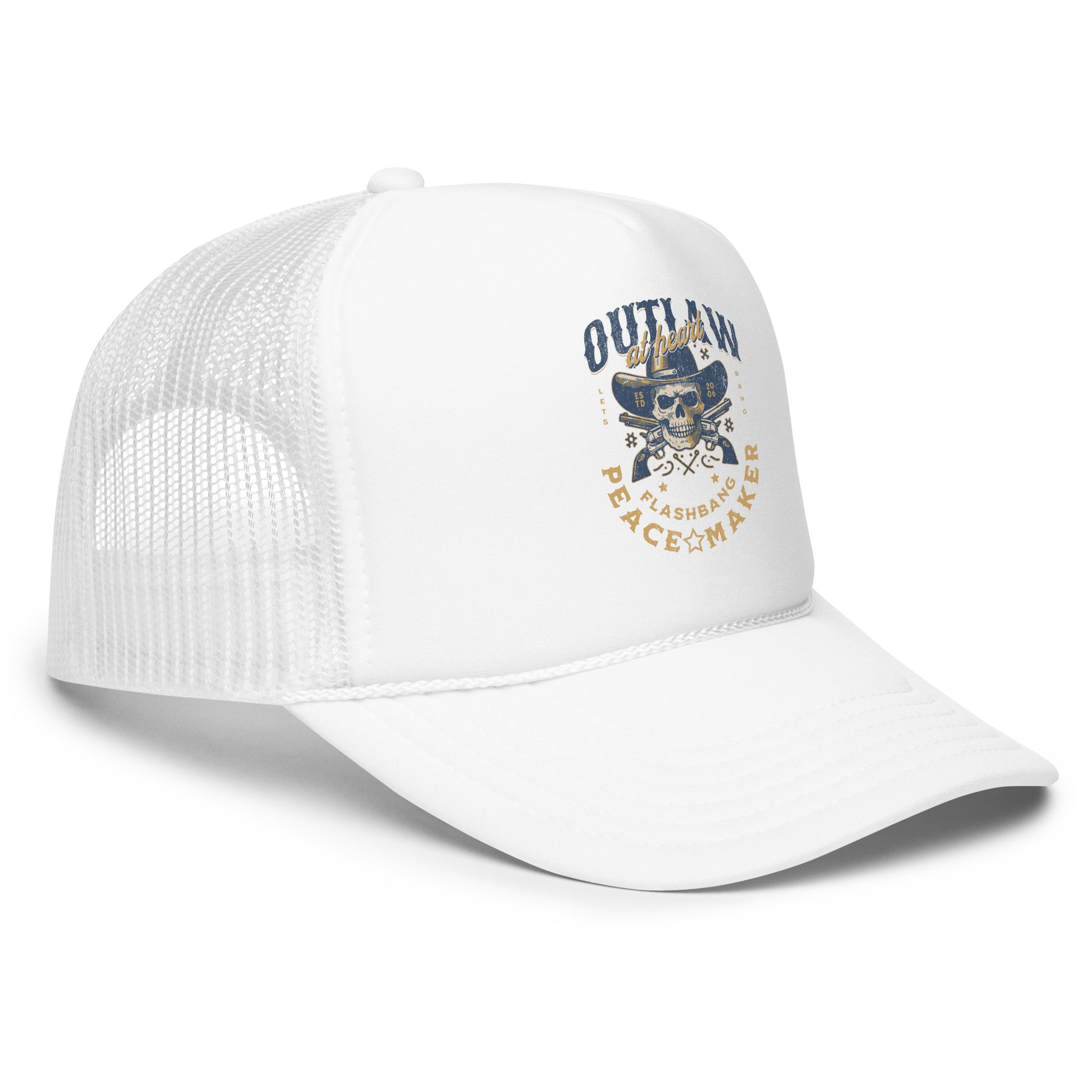 White trucker cap with graphic design on a white background