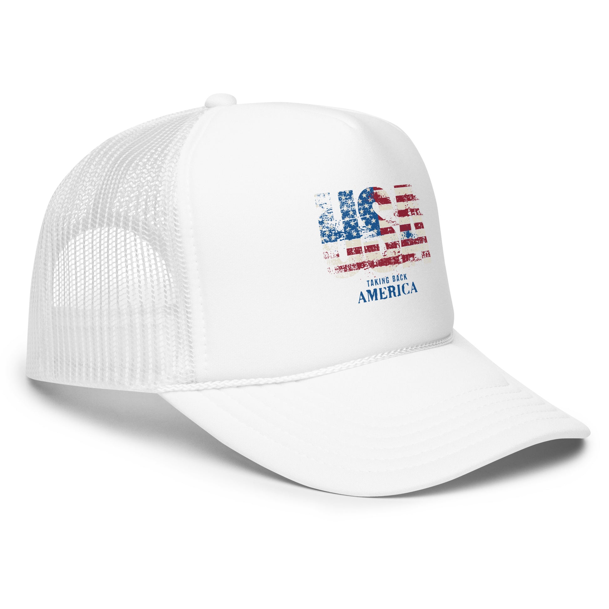 White cap with American flag design on a white background
