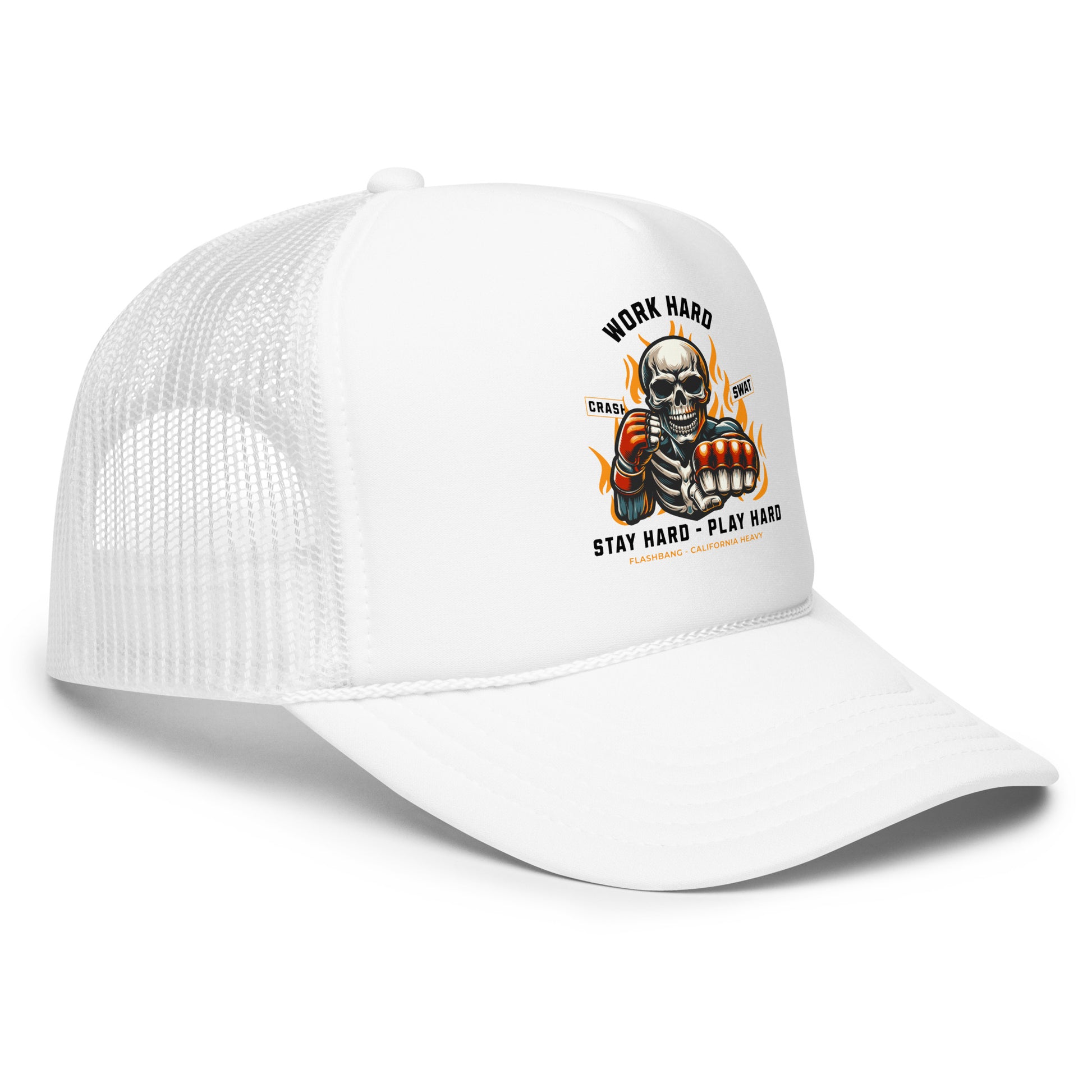 White cap with a skull and crossbones design and text on a white background