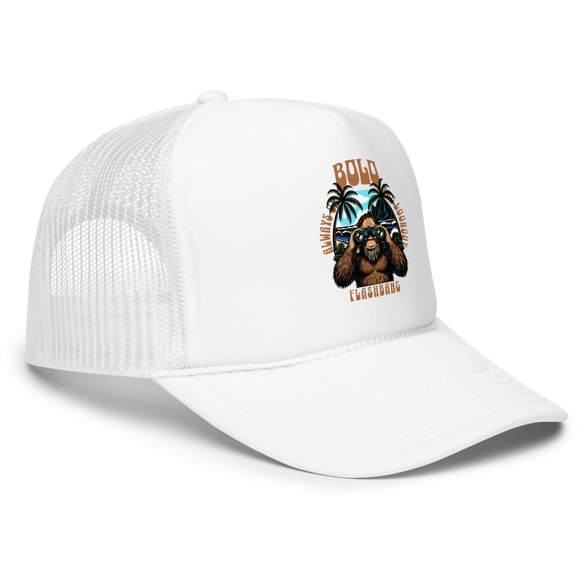 White cap with a dog graphic and text on a white background
