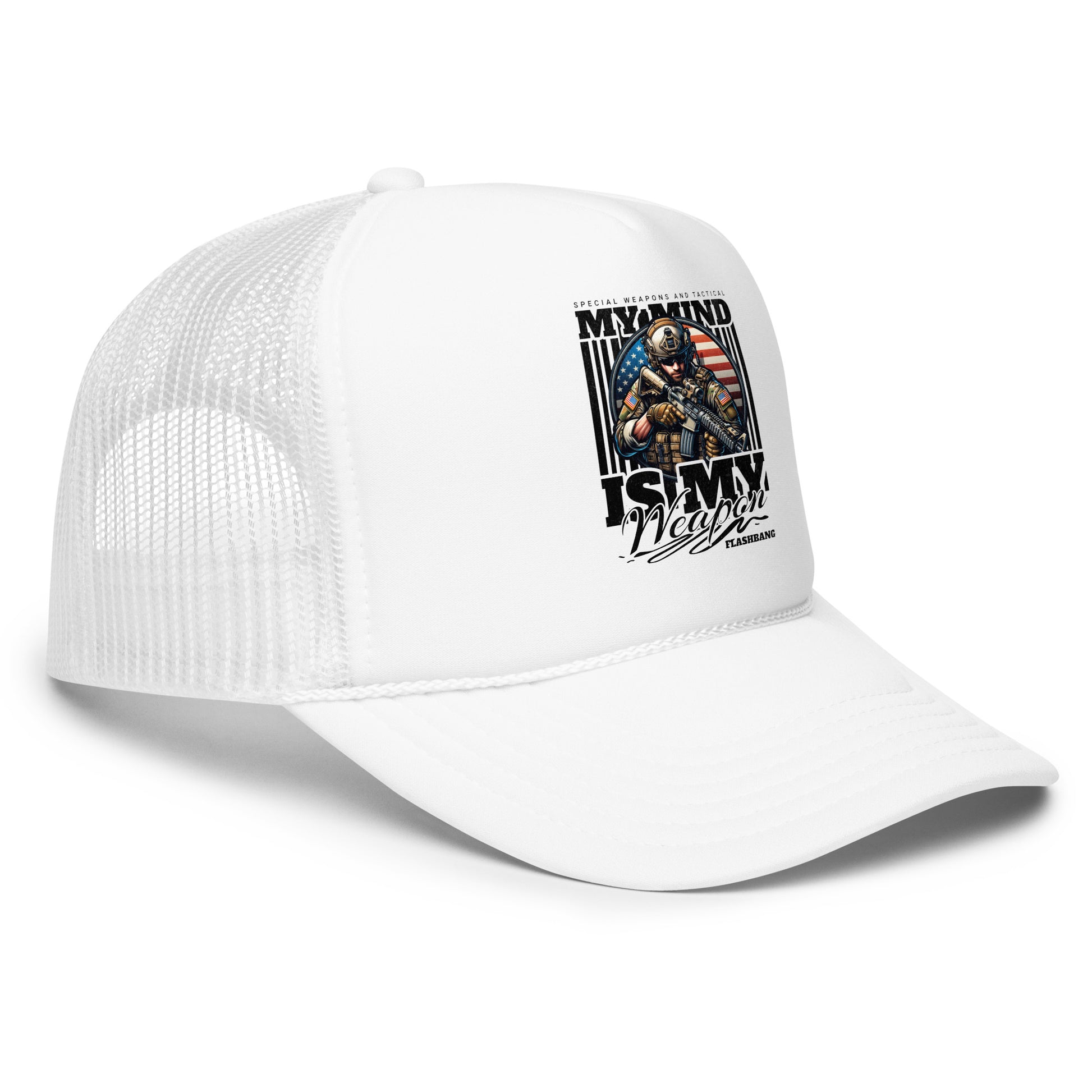 White trucker cap with graphic design on a white background