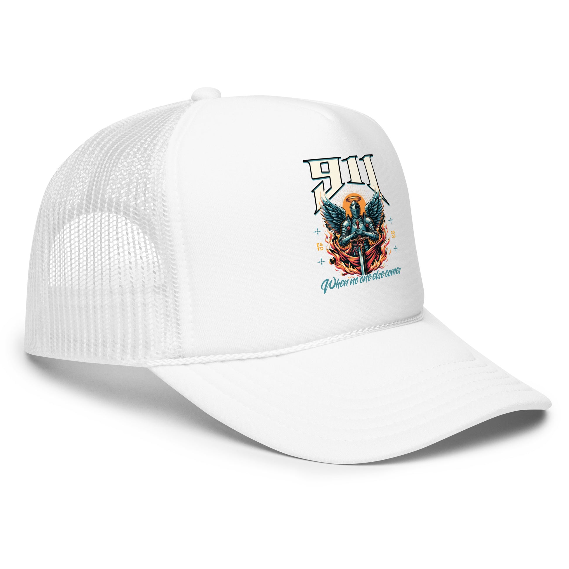 White trucker cap with a graphic design on a white background