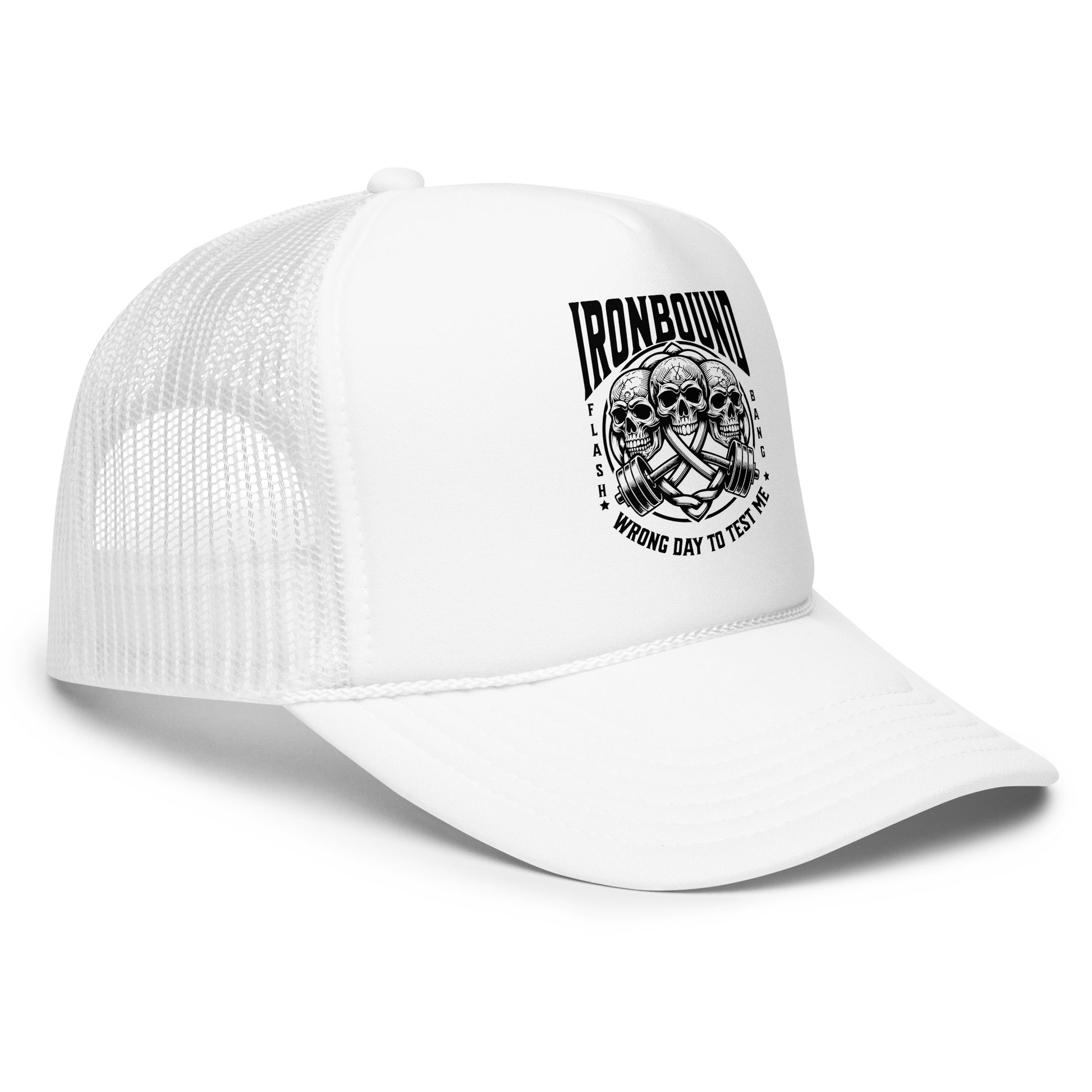 White trucker cap with black logo and text on a white background