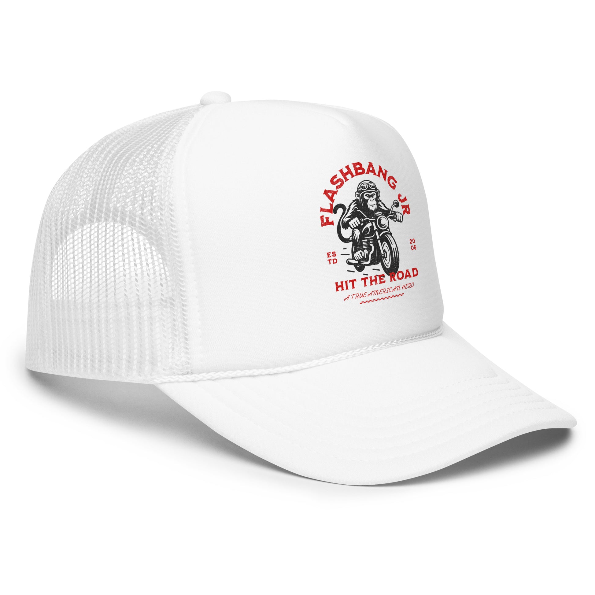 White trucker cap with red and black graphic design on a white background