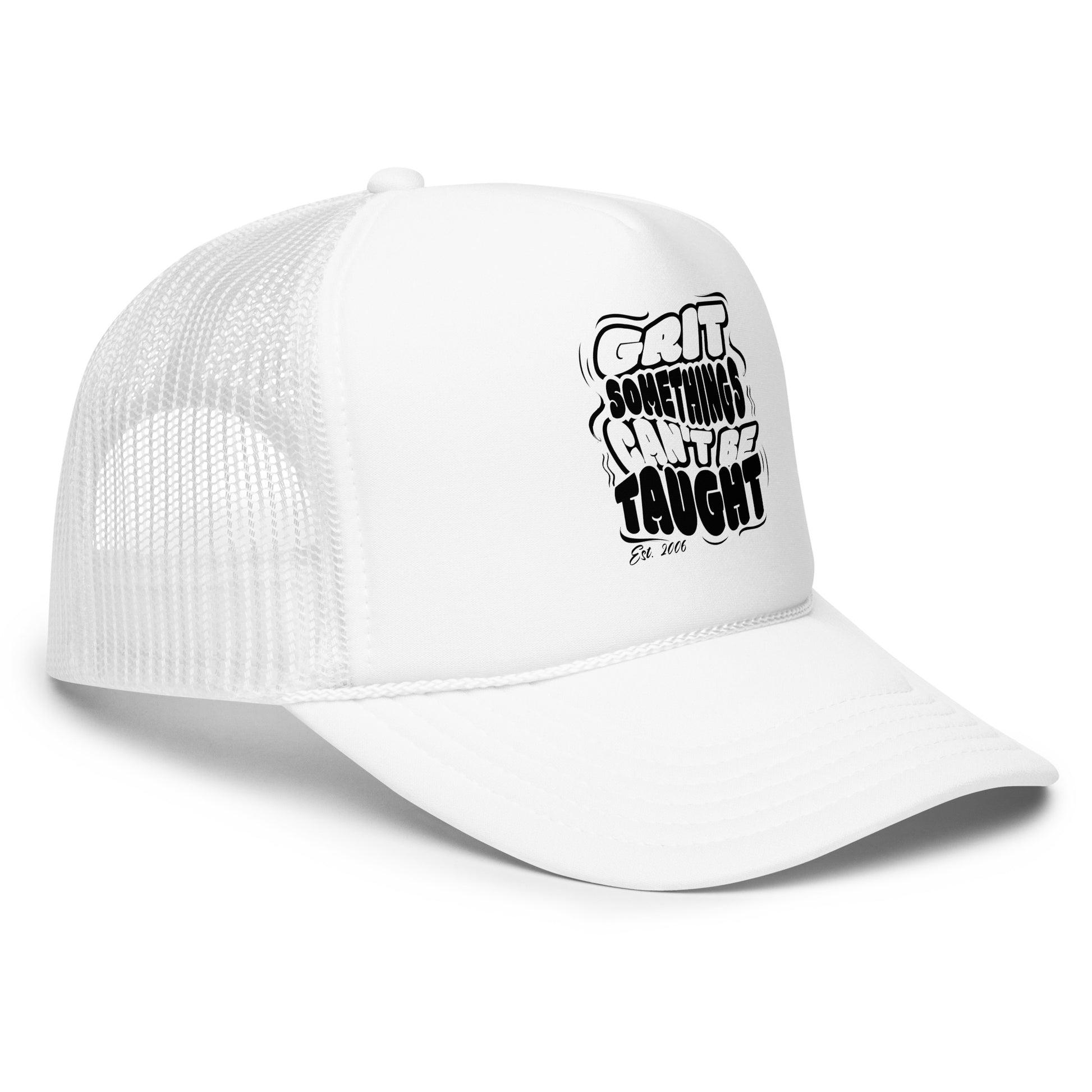 White cap with black text on a white background