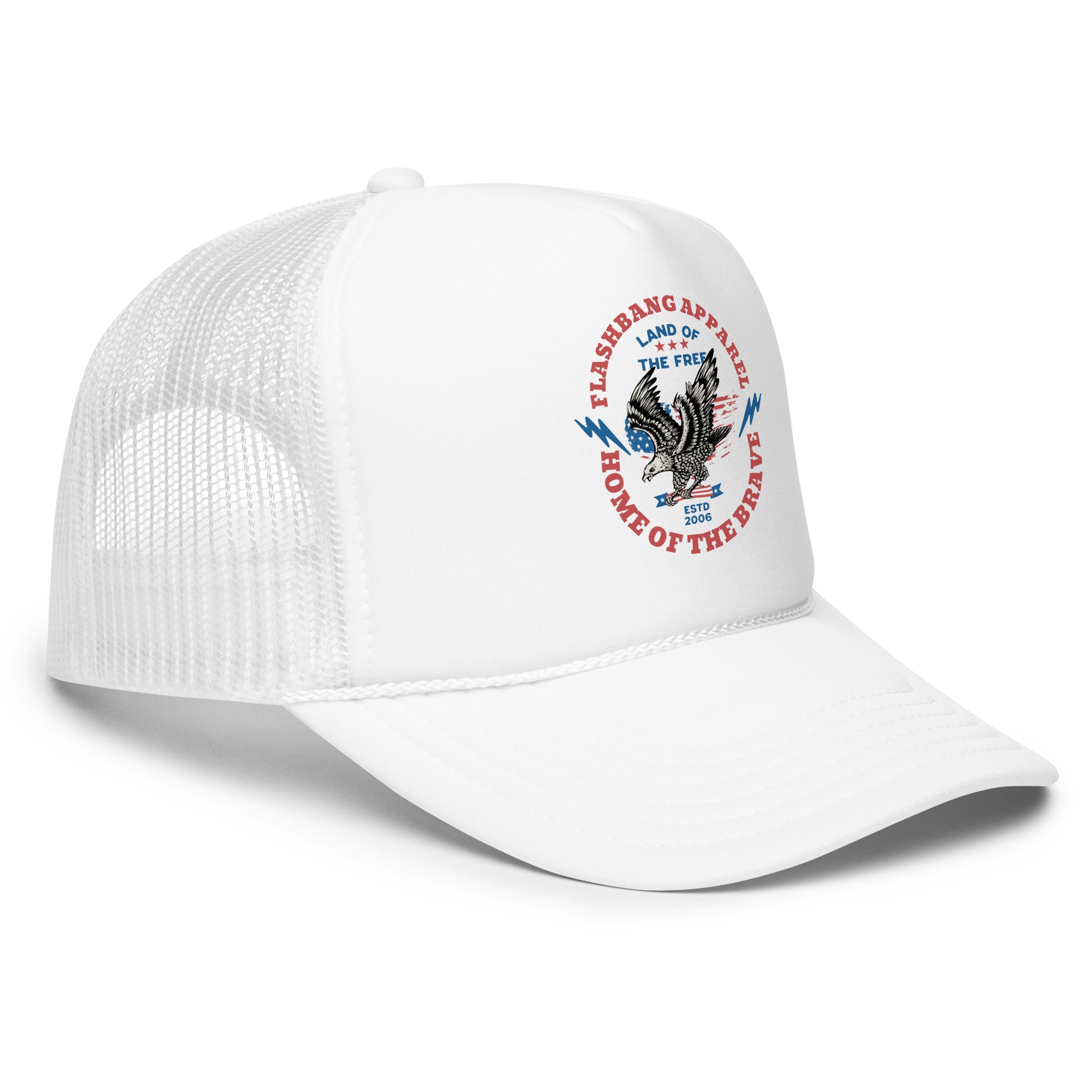 White cap with a red, white, and blue eagle design on a white background