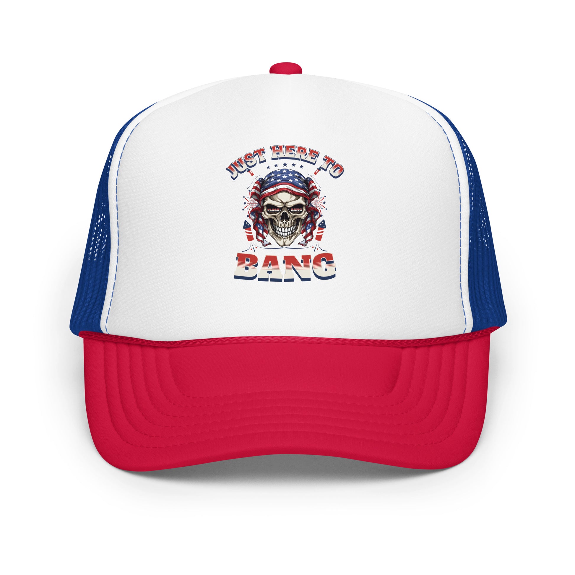 Trucker hat with skull design and text on a white background