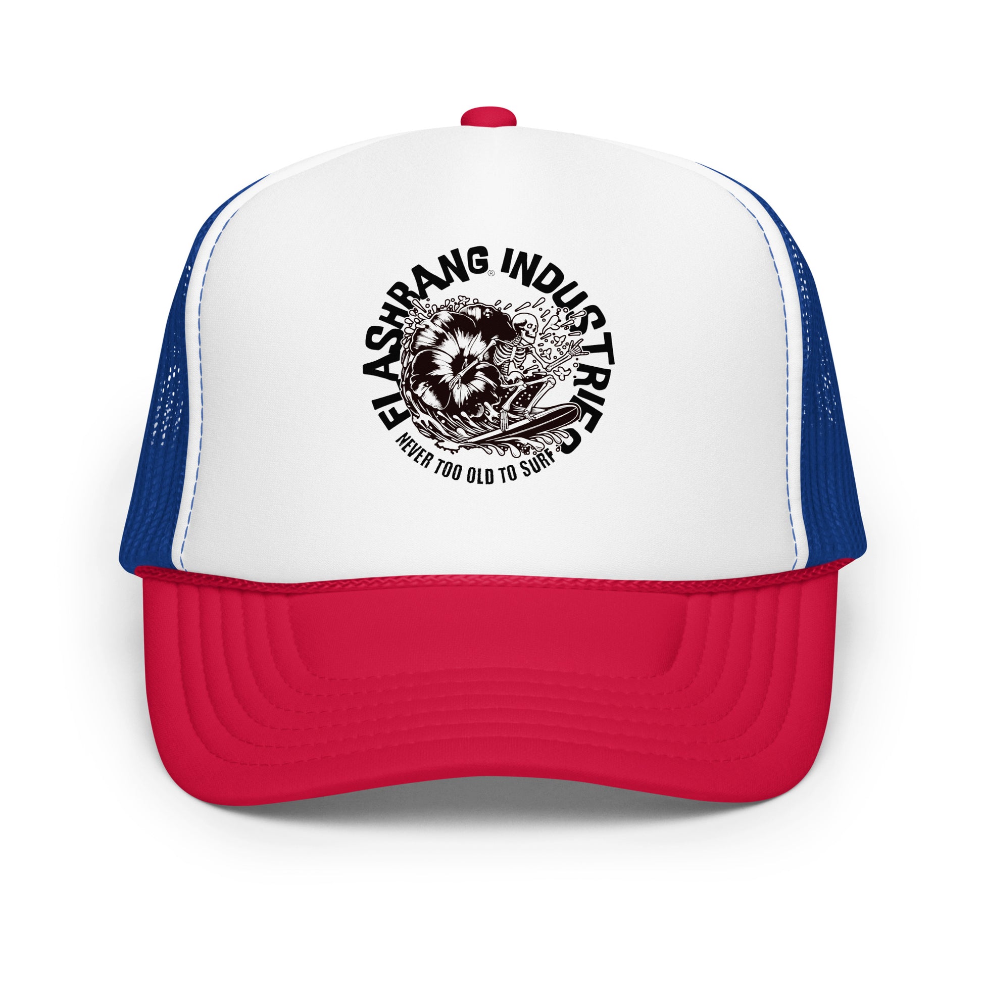 Trucker hat with red, white, and blue colors and a logo on a white background