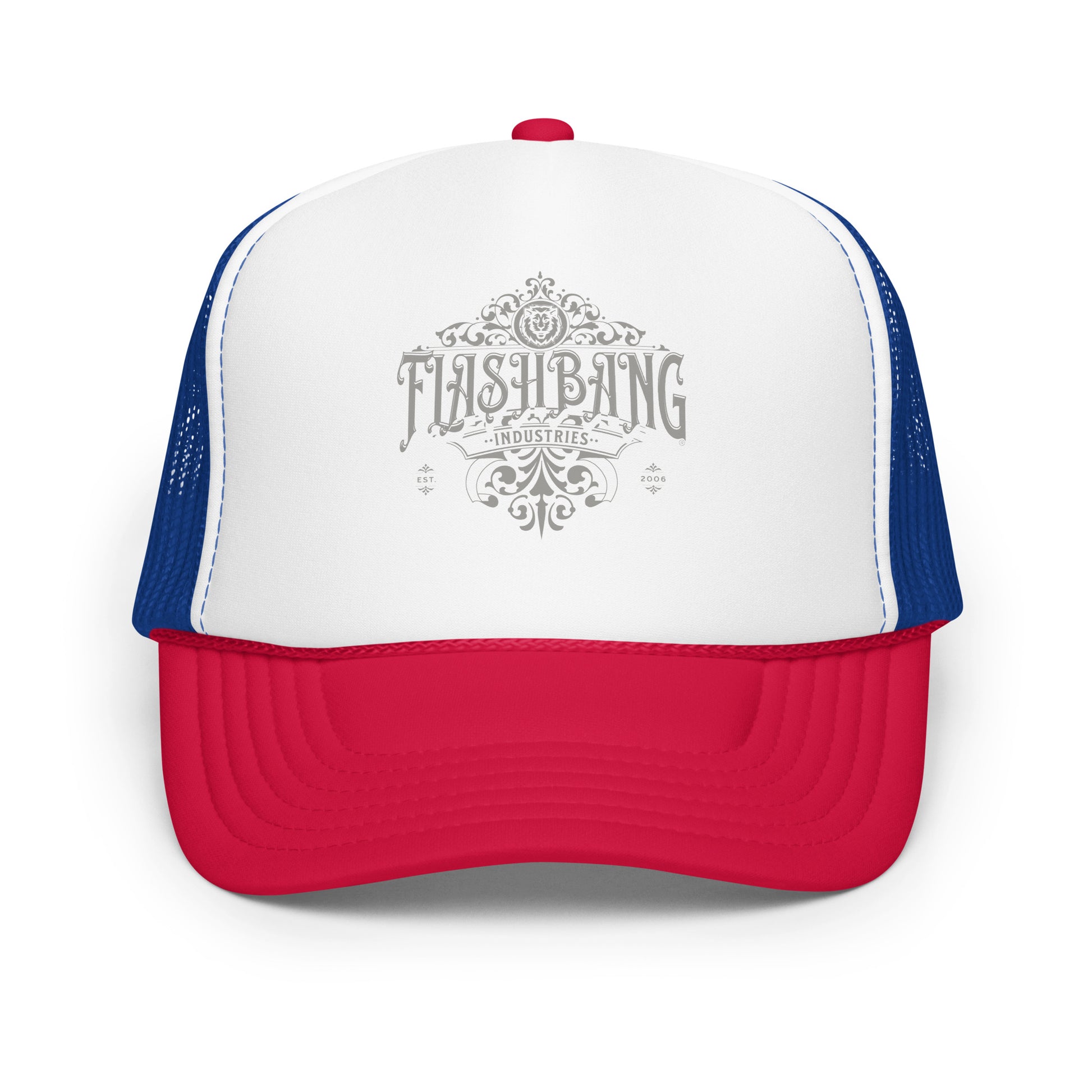 Trucker hat with red, white, and blue colors and a brand logo on a white background