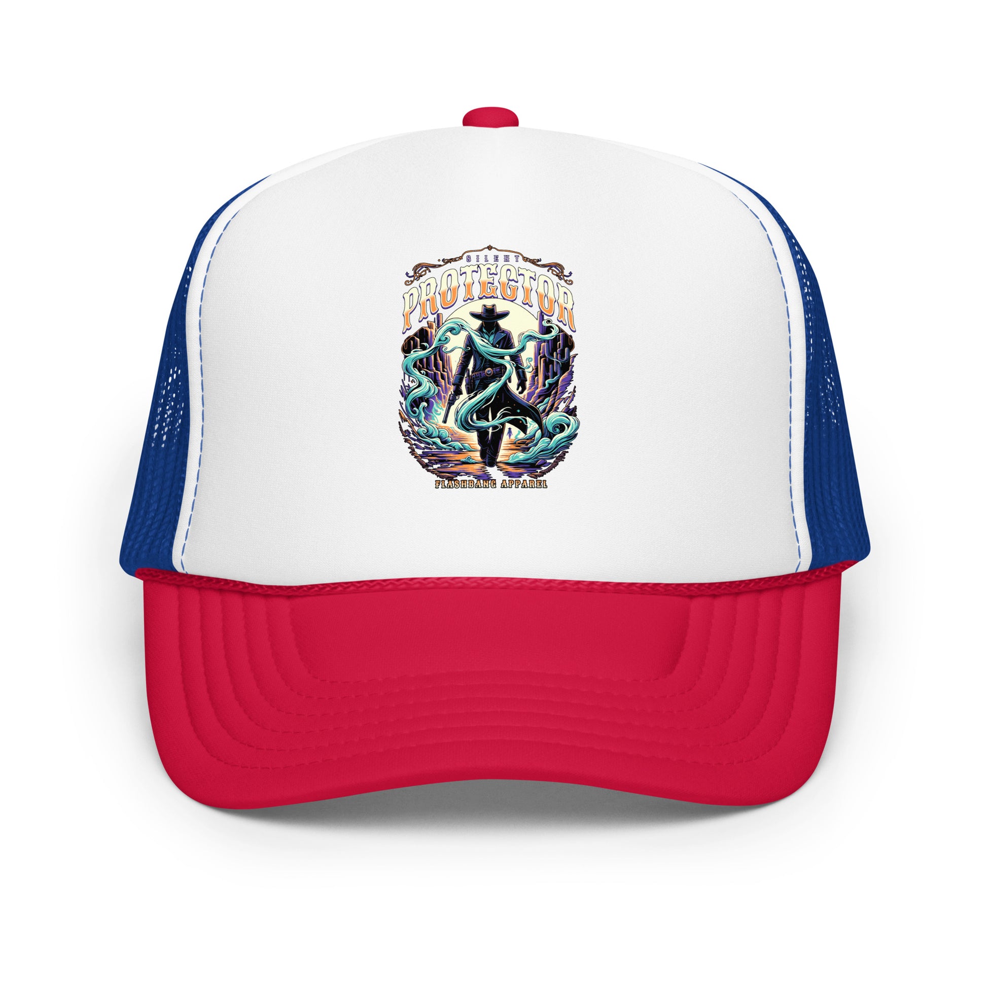 Trucker hat with a colorful graphic design on a white background