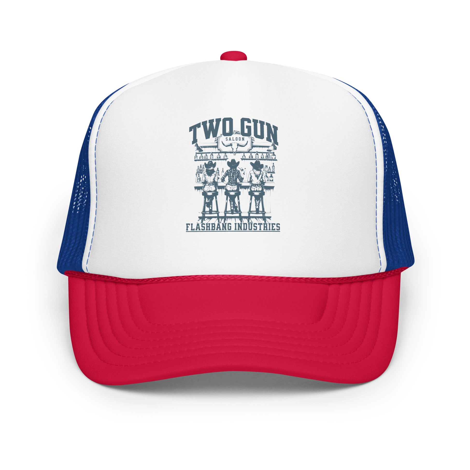 Trucker hat with 'Two Gun' and 'Flashbang Industries' branding on a white background