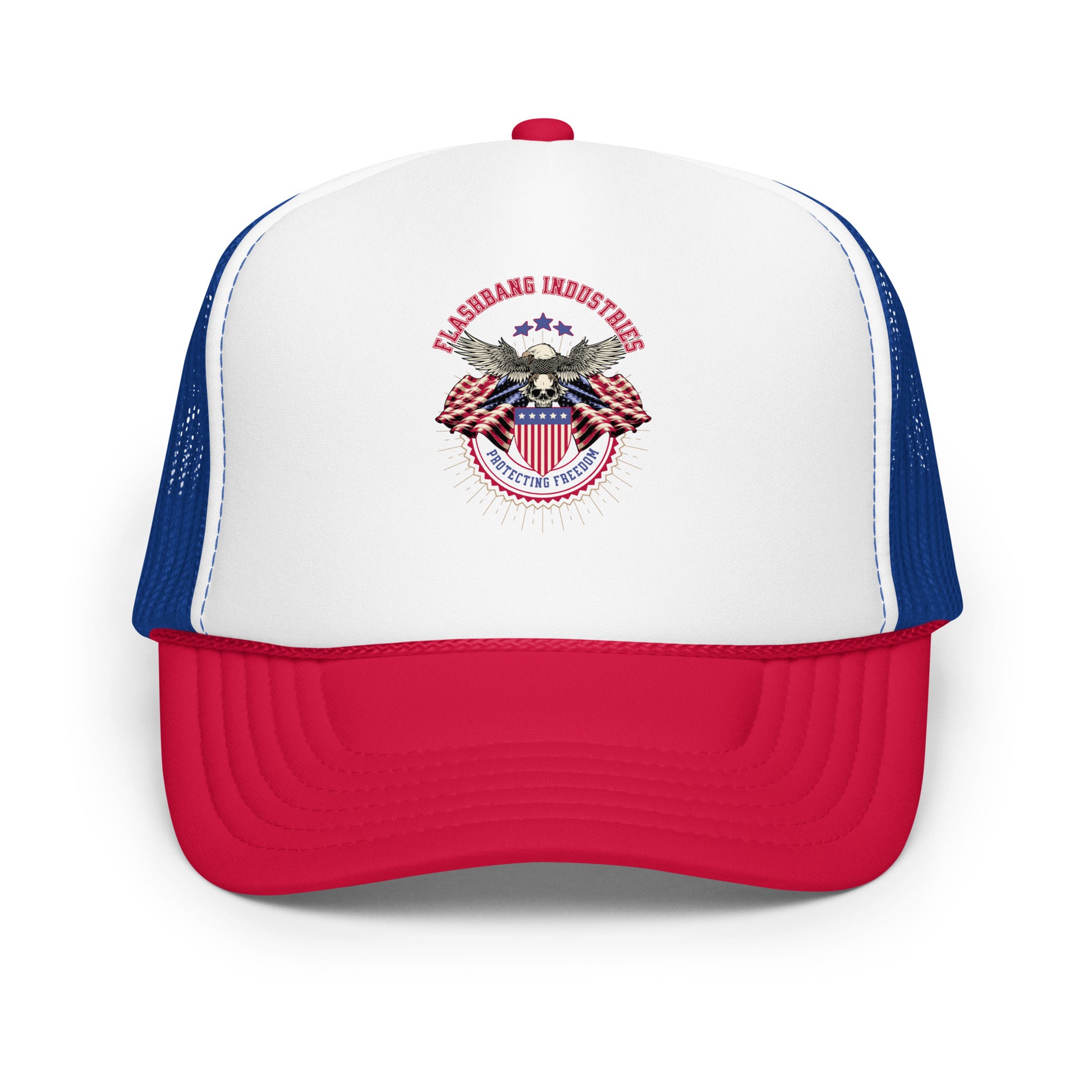 Trucker hat with red, white, and blue design on a white background