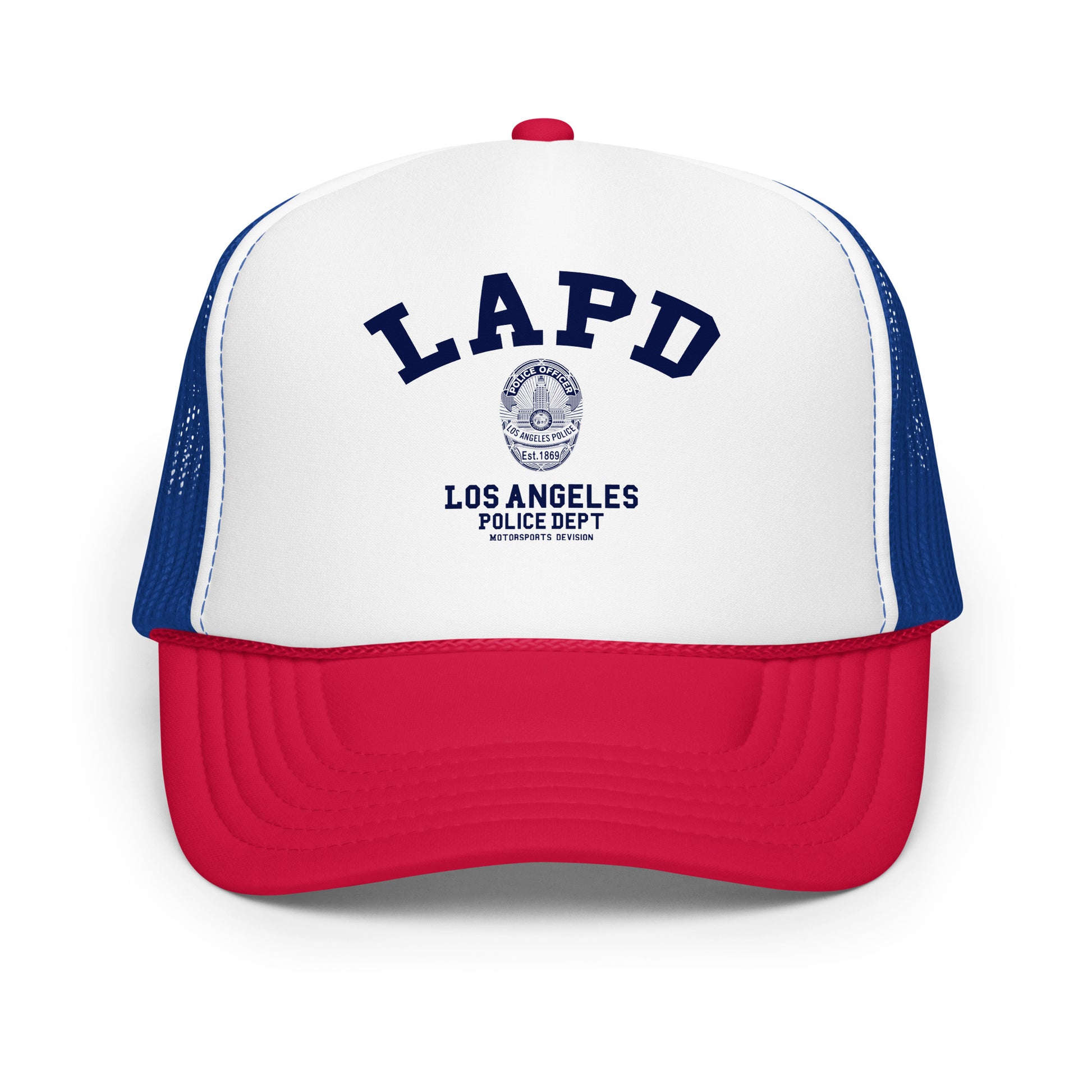Trucker hat with LAPD Los Angeles Police Dept logo on a white background
