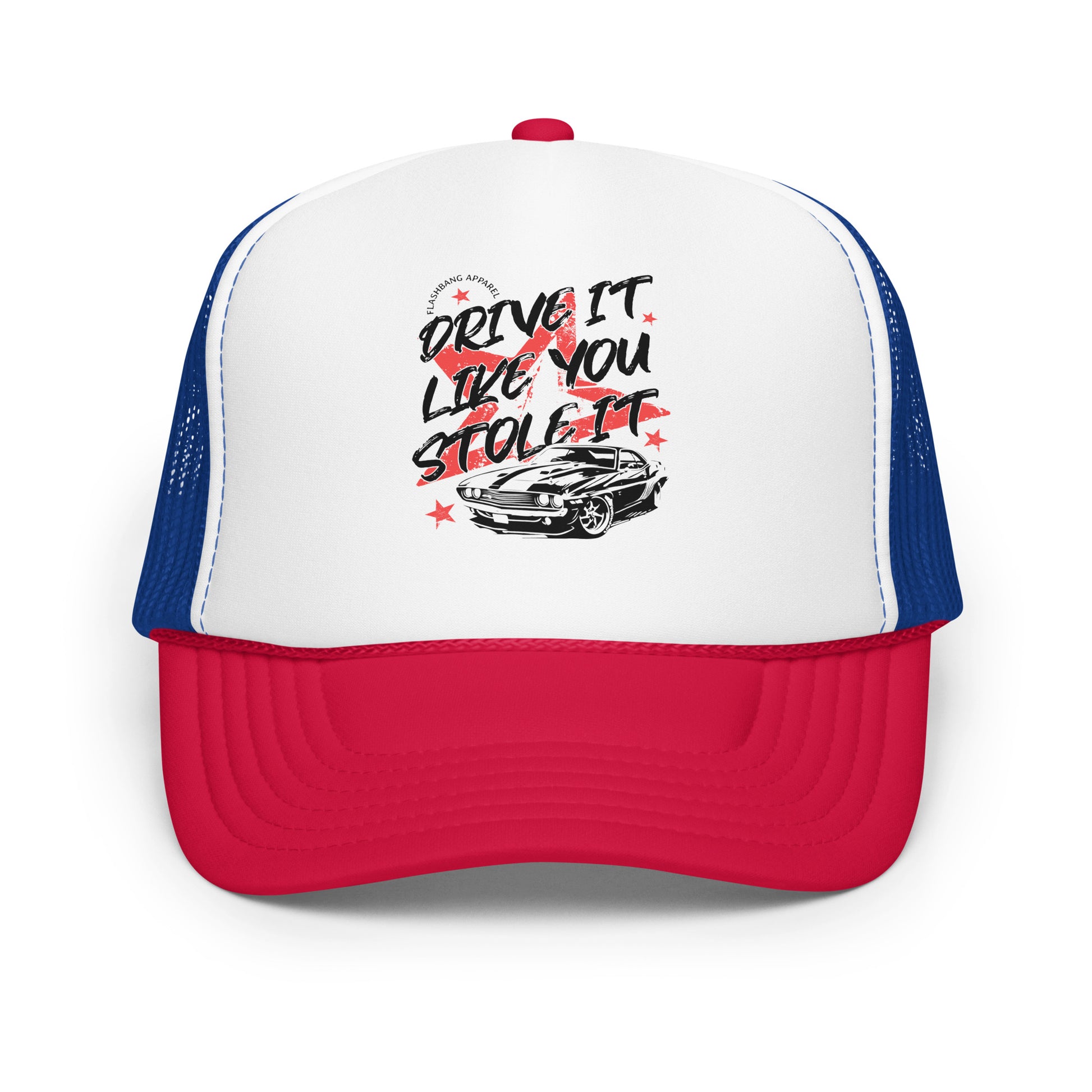 Trucker hat with red, white, and blue colors and a graphic design on a white background