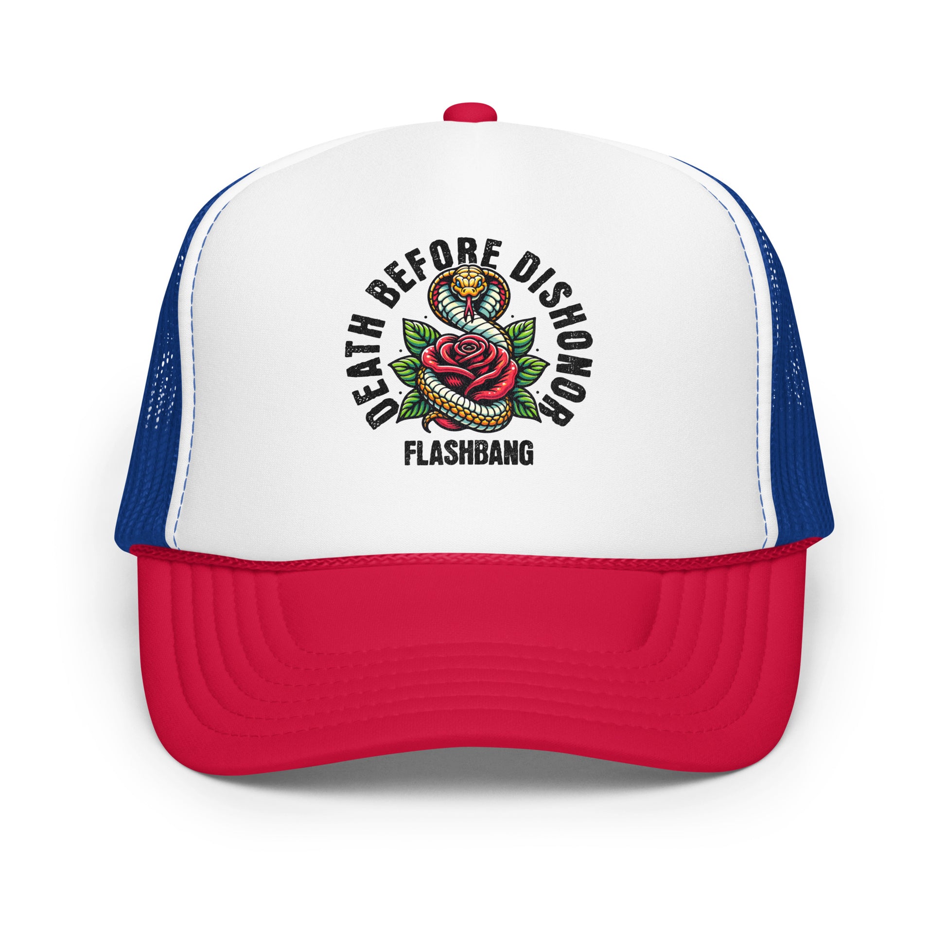 Trucker hat with 'Death Before Dishonor Flashbang' design on a white background