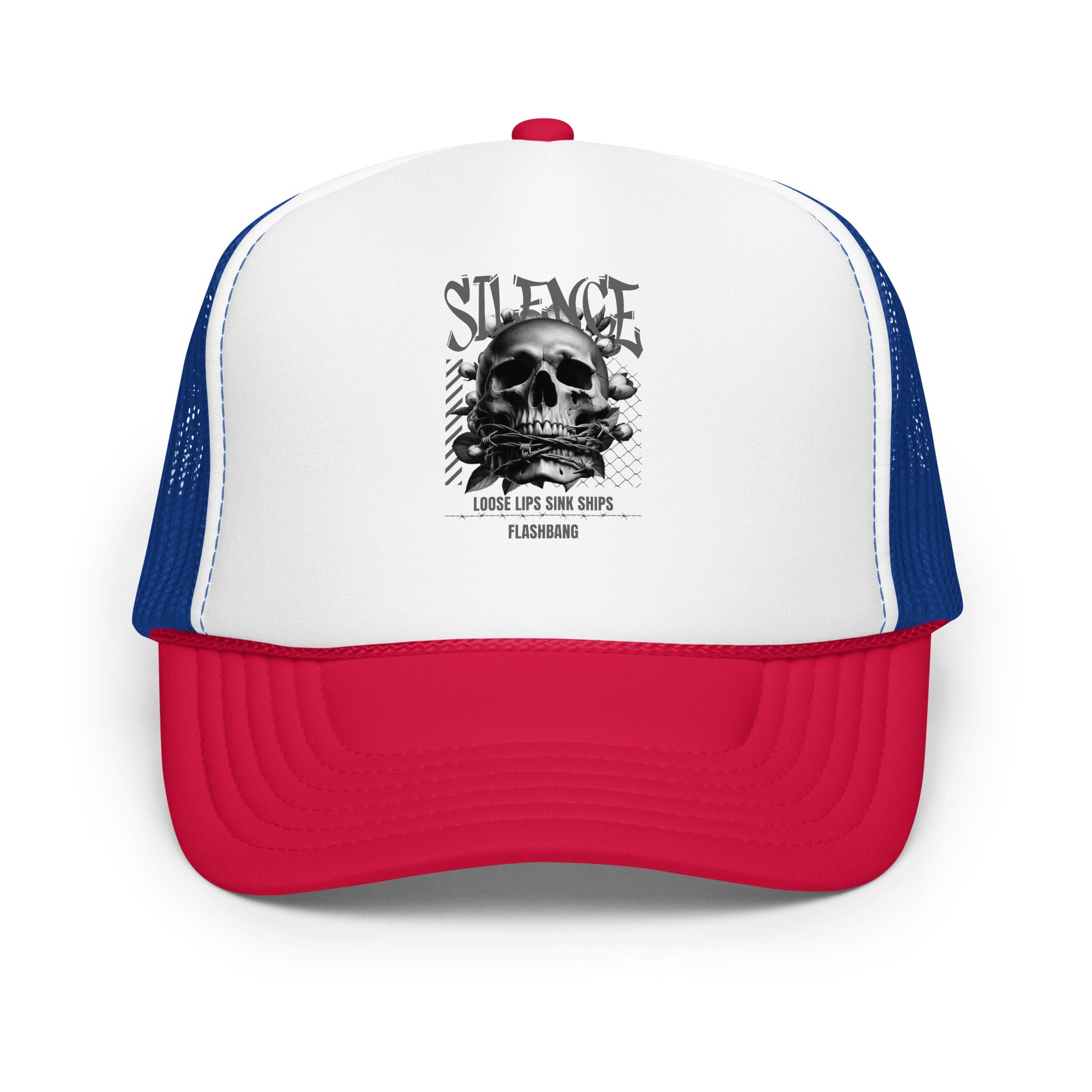 Trucker hat with skull design and text on a white background