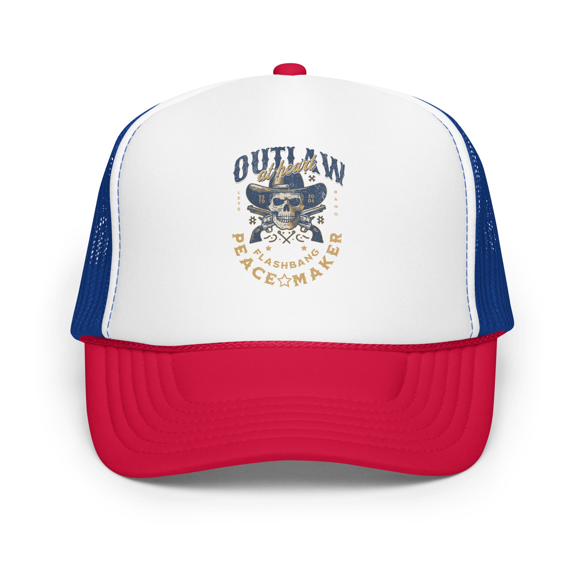 Trucker hat with skull and crossbones design on a white background